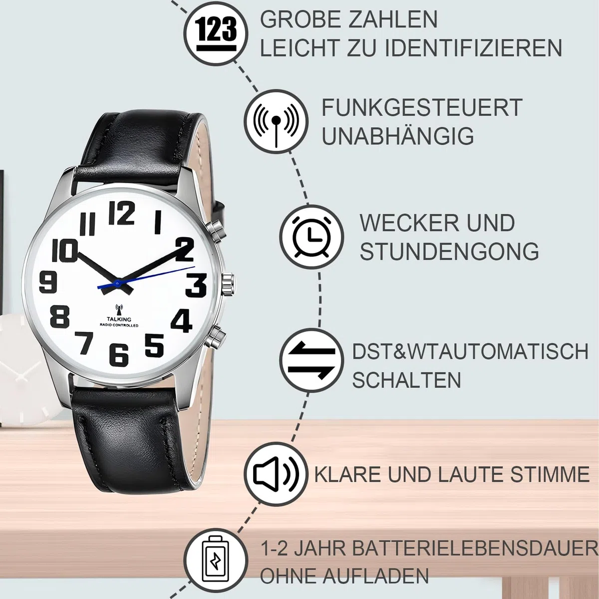 Sprechende Uhr Sehbehinderte Funkuhr I Deutsch Sprechende Herren Armbanduhr I Blindenuhr I Datum und Zeitansage I Für Blinde, Senioren und Demenzkranke