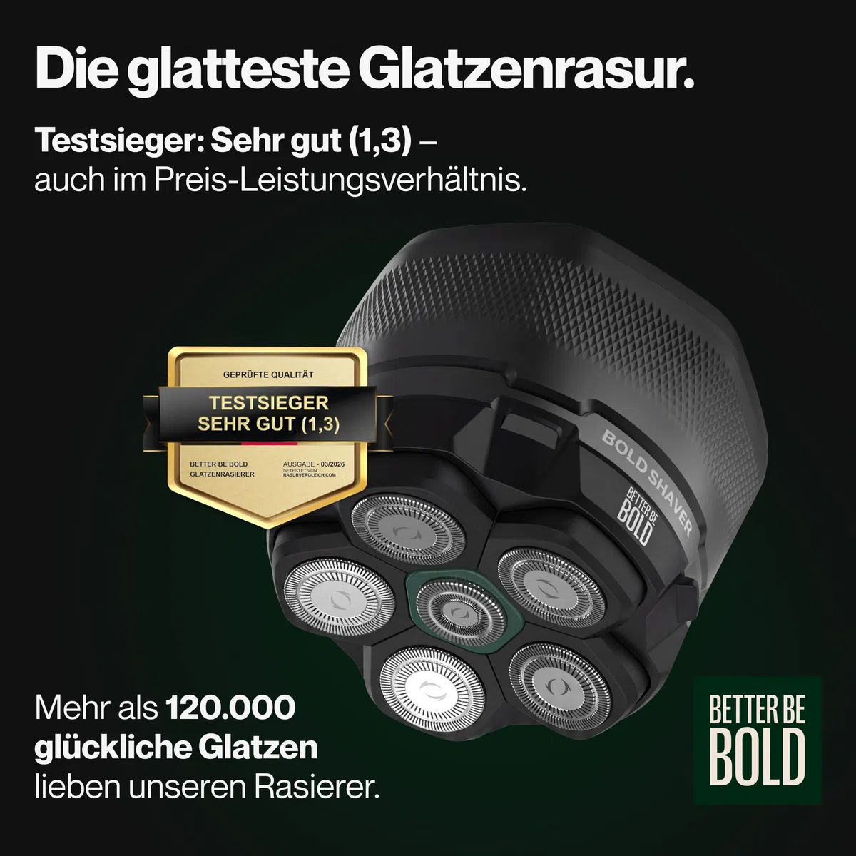 BETTER BE BOLD – Glatzenrasierer & Glatzencreme Anti-Shine 50ml SET – Mattierende Pflege für Glatze 0–3 mm – Beruhigt nach der Rasur – ohne Schnittgefahr und Hautirritationen – Shaver auch für Bart