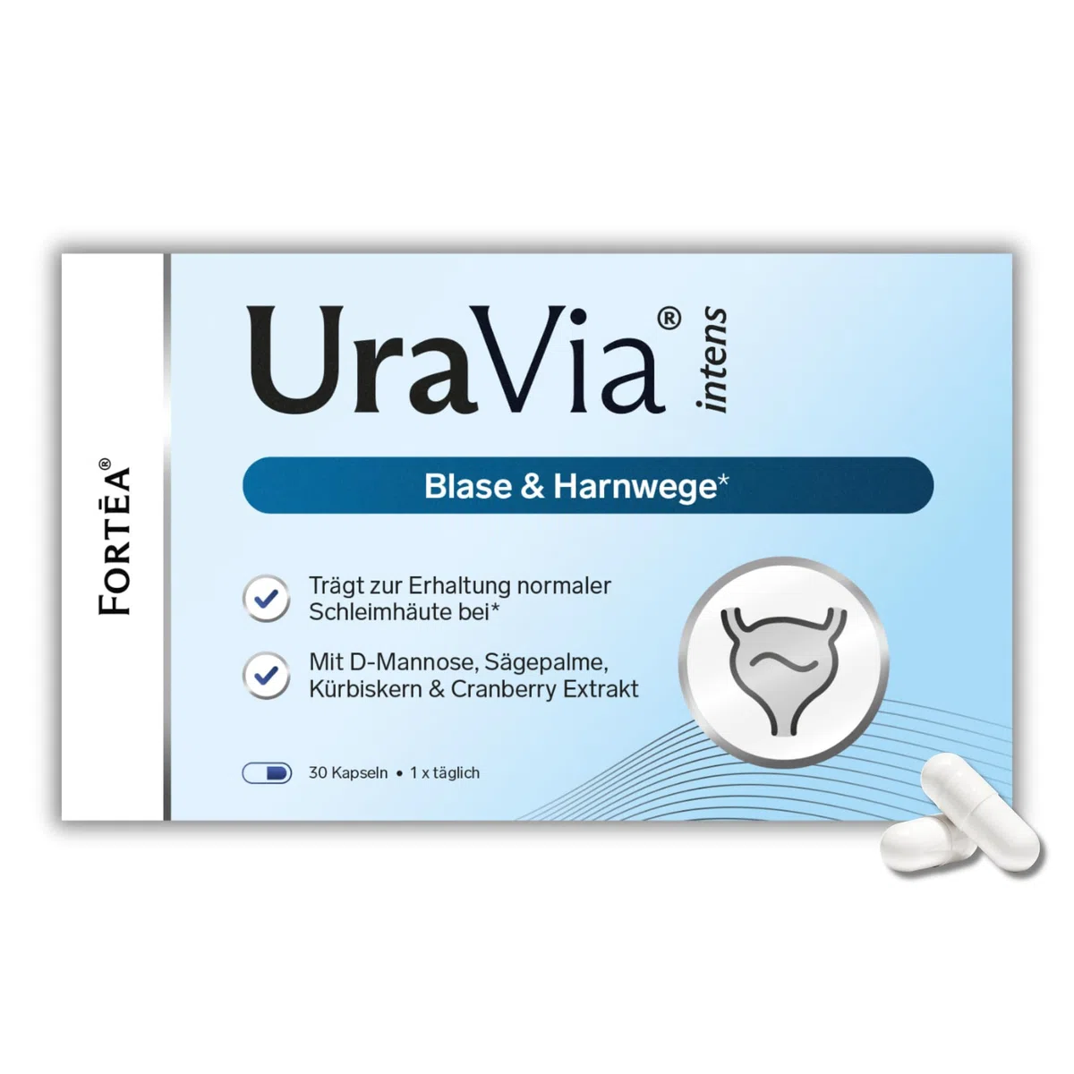 FORTEA® - Blase & Harnwege Kapseln in Apothekenqualität - UraVia intens - mit D-Mannose, Cranberry und Kürbiskern Extrakt - rezeptfrei - Unterstützung der Blasenfunktion - 30 Stk.
