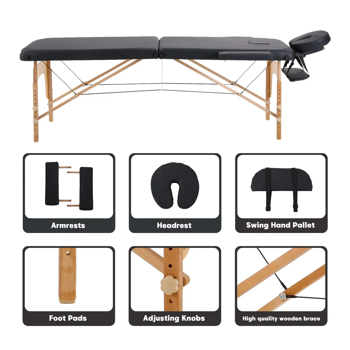 Panana 2-Zonen Massageliege Tragbare Massagebank Höhenverstellbarer Massagetisch mit Kopfstütze und Abnehmbare Armlehnen aus Holz (Schwarz)