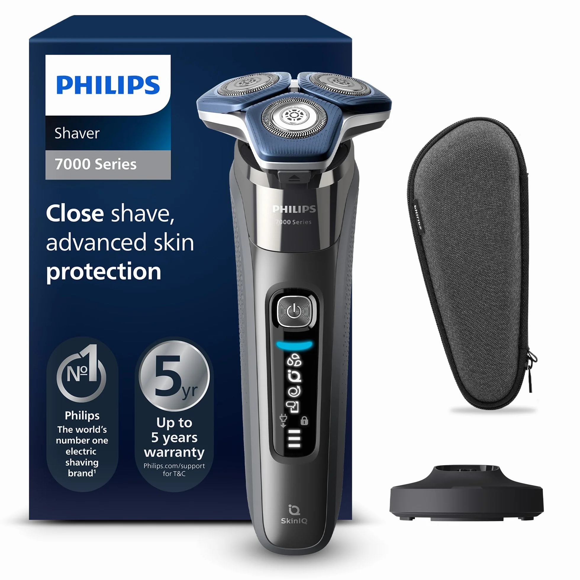 PHILIPS Shaver Series 7000 – Elektrischer Rasierer für Herren, Nass- und Trockenrasierer mit aufklappbarem Trimmer, Ladestation & Reiseetui (Modell S7887/35)