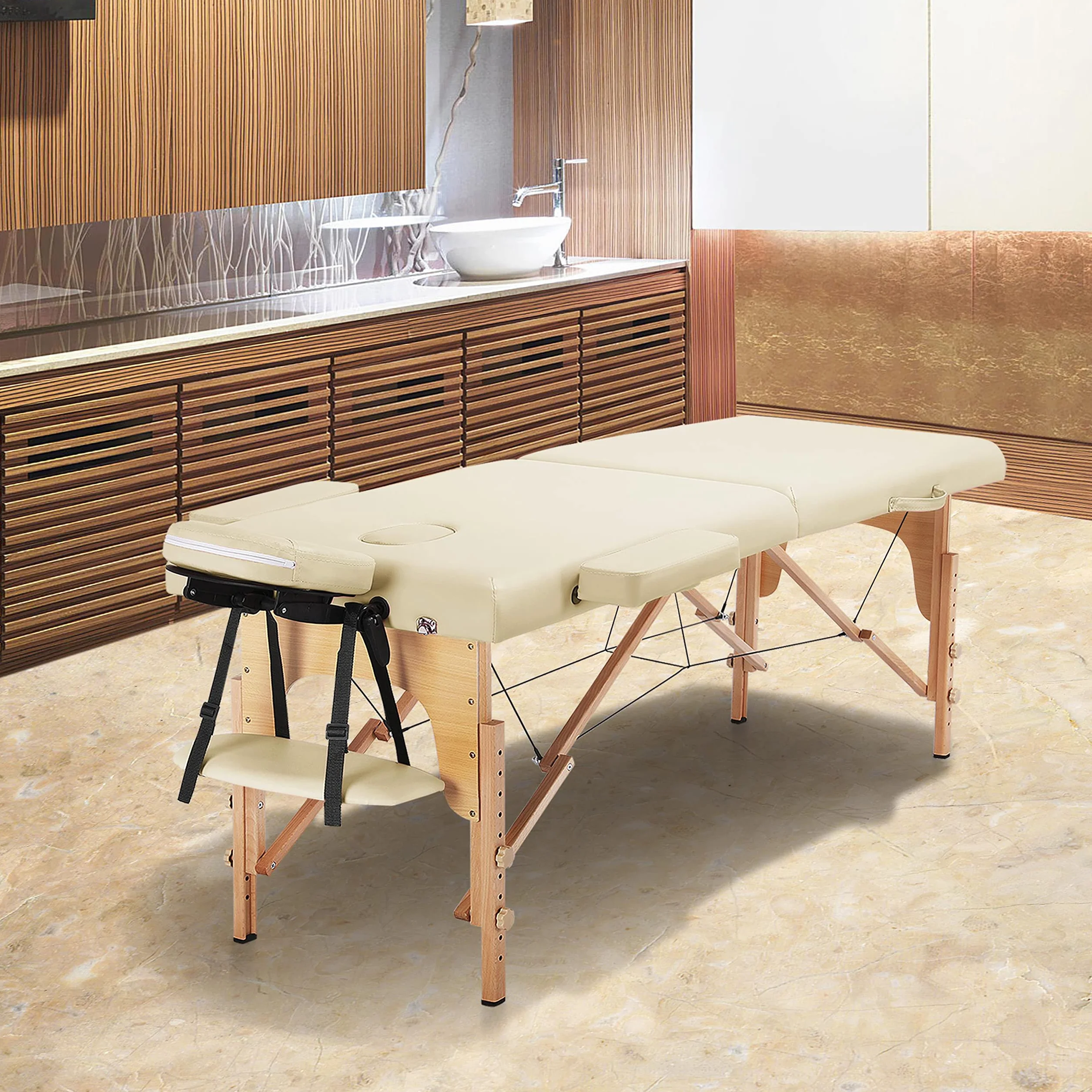 Yaheetech Massageliege Mobile Massagetisch 2 Zonen Tragebares Massagebett höhenverstellbar Holzfüßen inkl. Kopfstütze & Armlehnen 213 × 82 x 85,5 cm bis 250 kg Belastbar