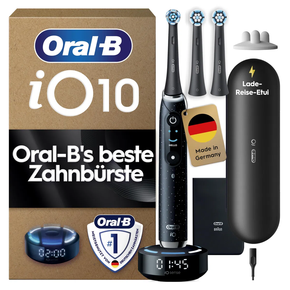 Oral-B iO Series 10 Elektrische Zahnbürste, Schwarz | Inkl. 3 Aufsteckbürsten, Lade-Reise-Etui, iOSense, Electric Toothbrush mit 7 Putzmodi für Zahnpflege