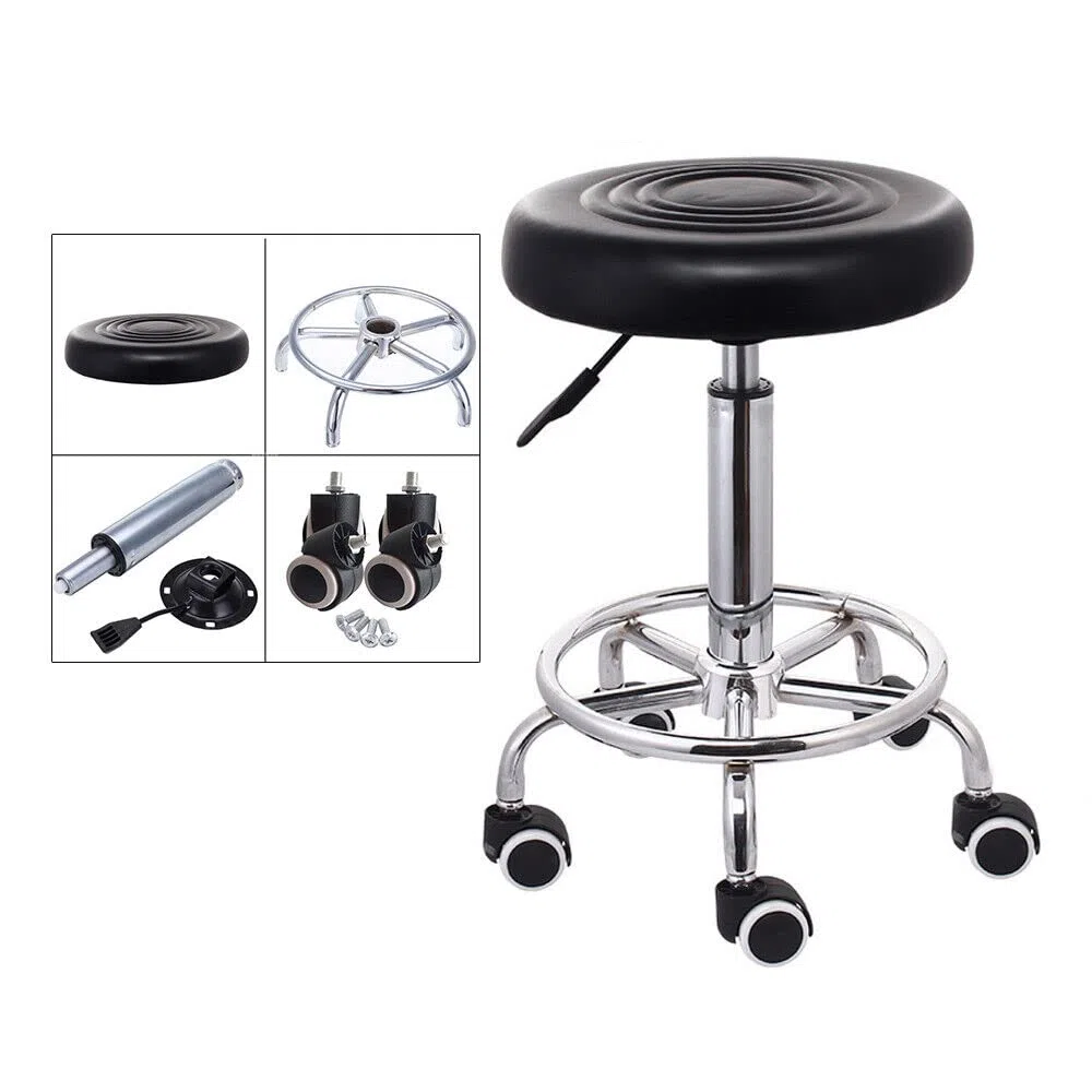 PU-Drehstuhl für den Salon, 360° Rollstuhl, Sitz, Home Office Bar, Massagehocker, Leder, Hauptstuhl, Sitz, 44–57 cm, höhenverstellbar, Schwarz