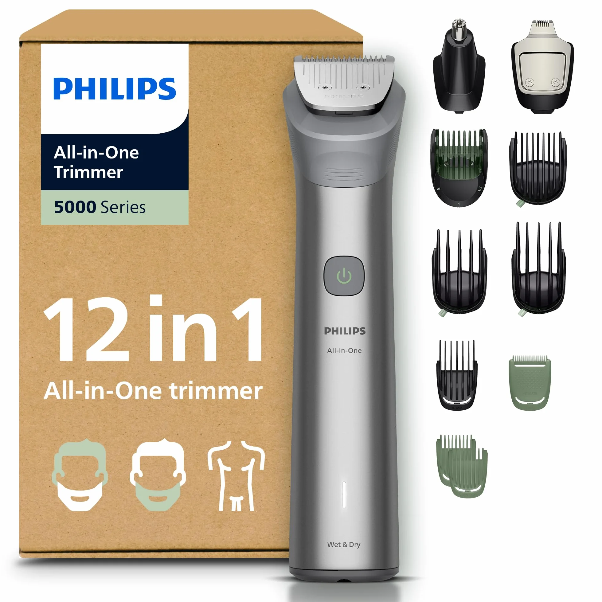 PHILIPS Multigroom Series 5000 All-in-One 12-teiliger Barttrimmer und Haarschneider für Gesicht, Kopf und Körper, selbstschärfende Metallklingen, 20 Längeneinstellungen (0,5-20 mm), Modell MG5952/30
