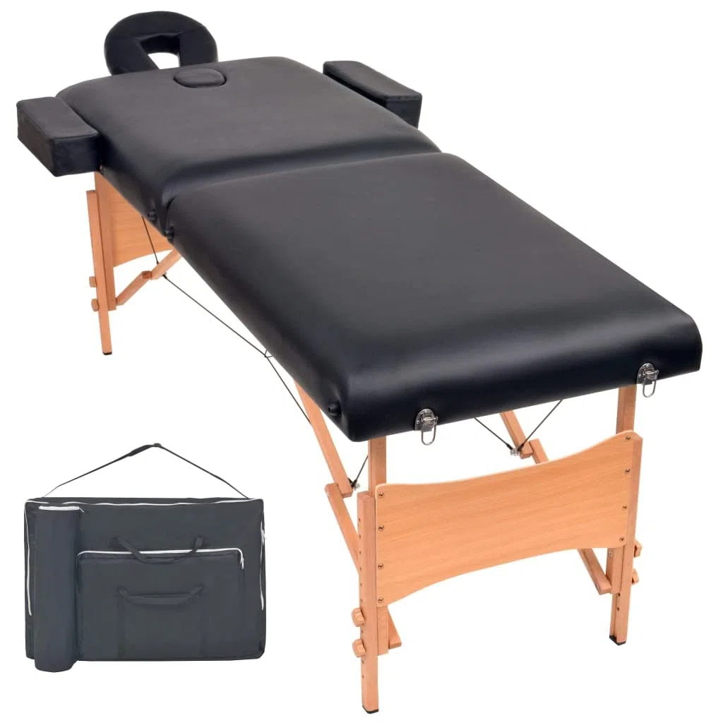 Massageliege 2-Zonen klappbar, 10 cm Polsterung, höhenverstellbare Mobile Massagebank mit Tragetasche, Kosmetikliege aus Massivholz, Schwarz
