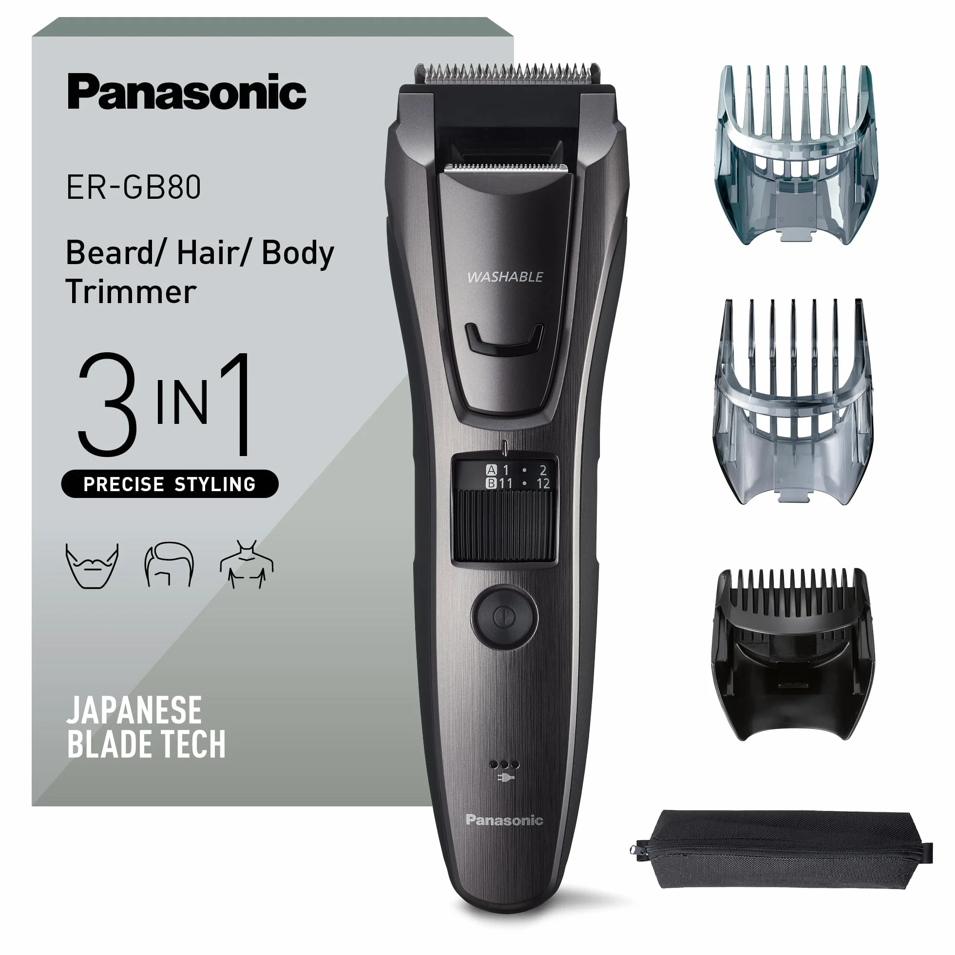 Panasonic ER-GB80-H503 Bart-, Haar- & Körperschneider für Männer, tragbarer kabelloser, wasserdichter Trimmer, 39 Längen, 3 Aufsätze, Präzisions-Trimmer, kabellos & kabelgebunden, Dunkelsilber