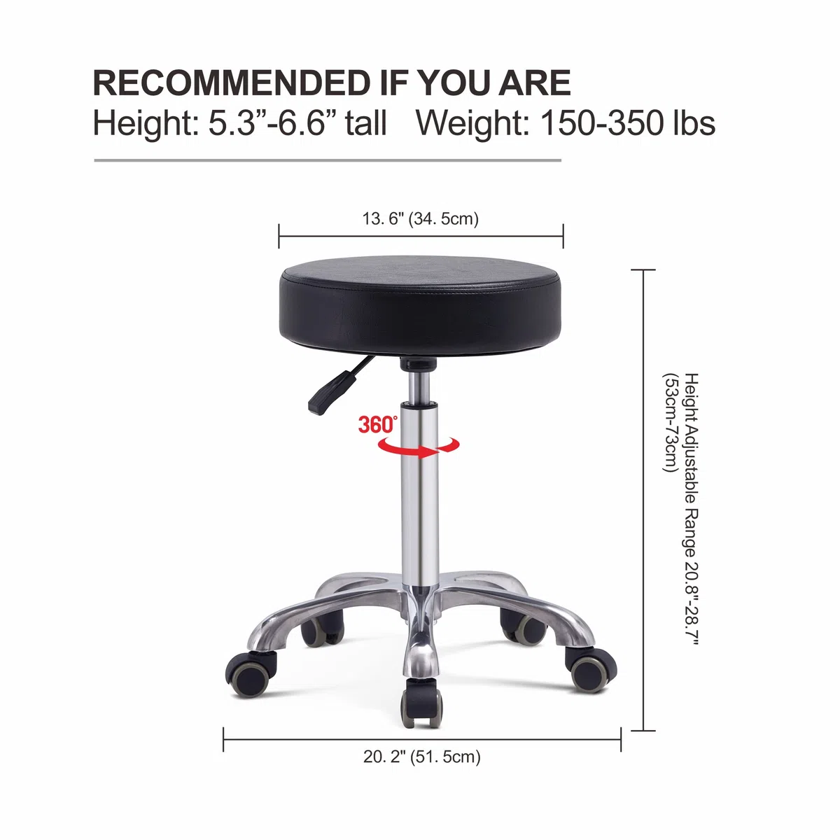 Grace&Grace Höhenverstellbar Rollhocker Drehhocker Mit Rollen Arbeitshocker Massagehocker Medizinischer Stuhl Drehstuhl Bürohocker Sitzhocker Kücheocker (No Backrest with Casters-Classic Flat, Black)