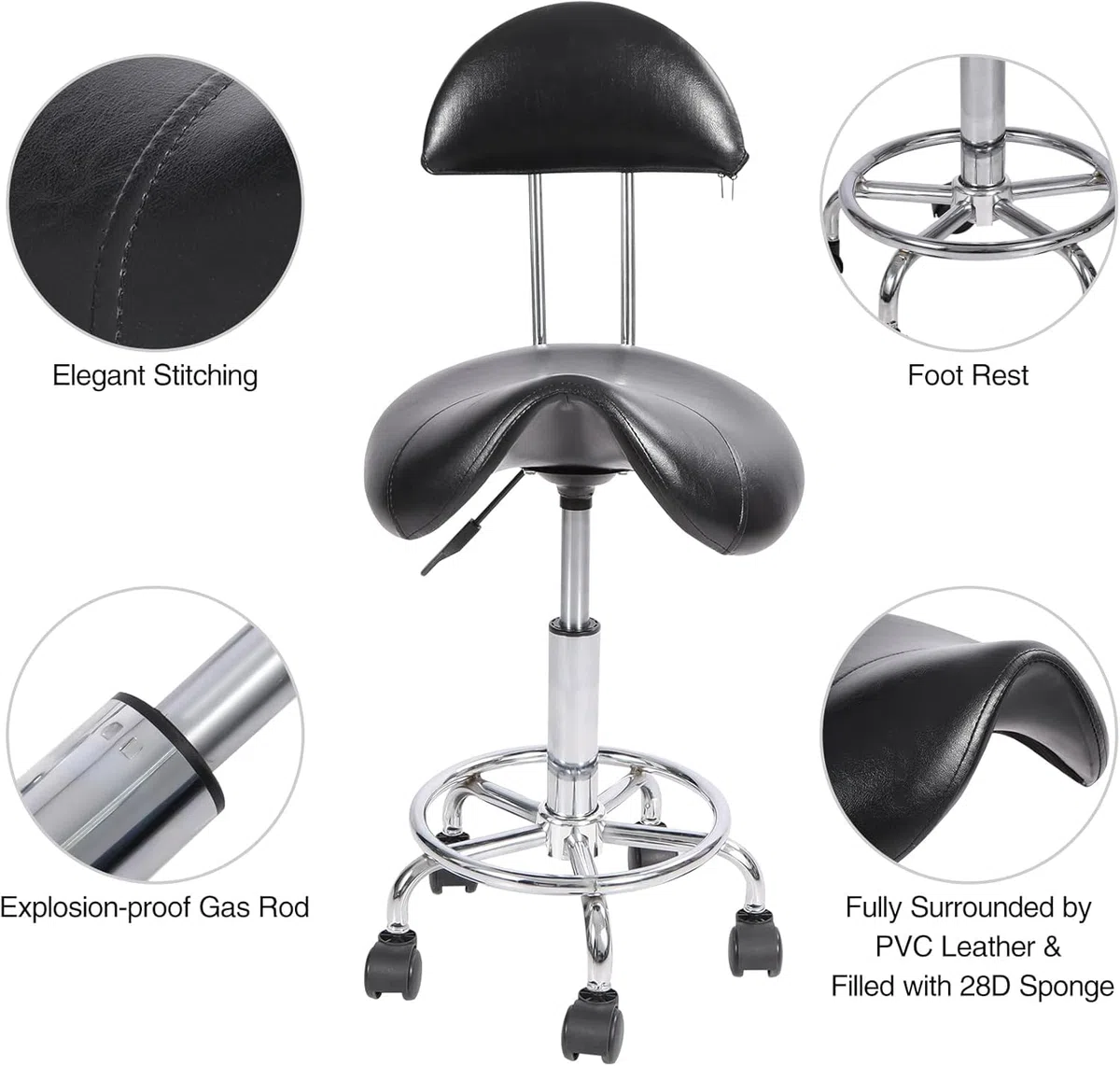 REDCAMP Rollsattelhocker mit Rückenstütze, ergonomischer Drehstuhl, hydraulisch, verstellbarer Hocker für Zahnarzt, Spa, Massagesalon, Friseure, Schwarz
