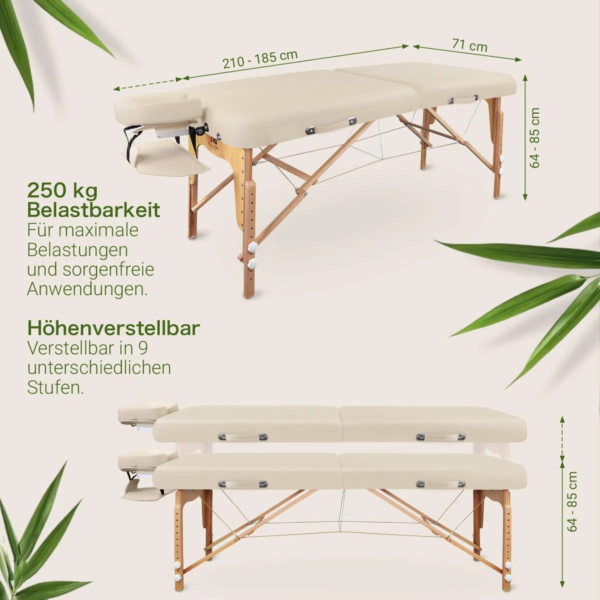 MASSUNDA – Mobile Comfort Deluxe Massageliege klappbar & höhenverstellbar – EXTRA breiter Massagetisch aus Vollholz – Massagebank mit ergonomischer Kopfstütze, Bezug, Armlehne, Kissen (Creme)