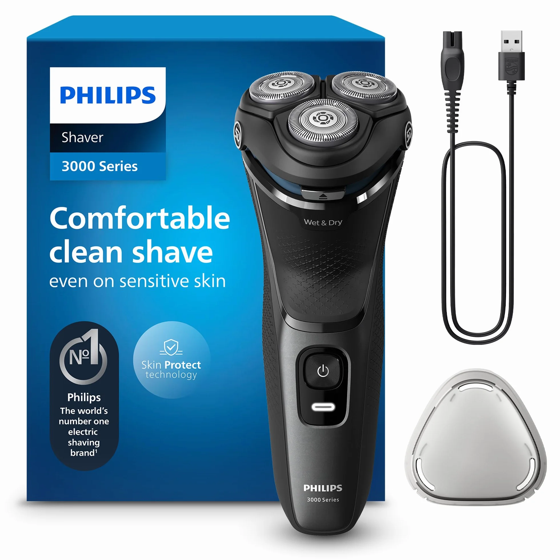 PHILIPS Shaver Series 3000 – Elektrischer Rasierer für Herren: Nass- & Trockenrasur, mit SkinProtect-Technologie, in Anthrazit, mit ausklappbarem Bartschneider, kabellos (S3145/00)