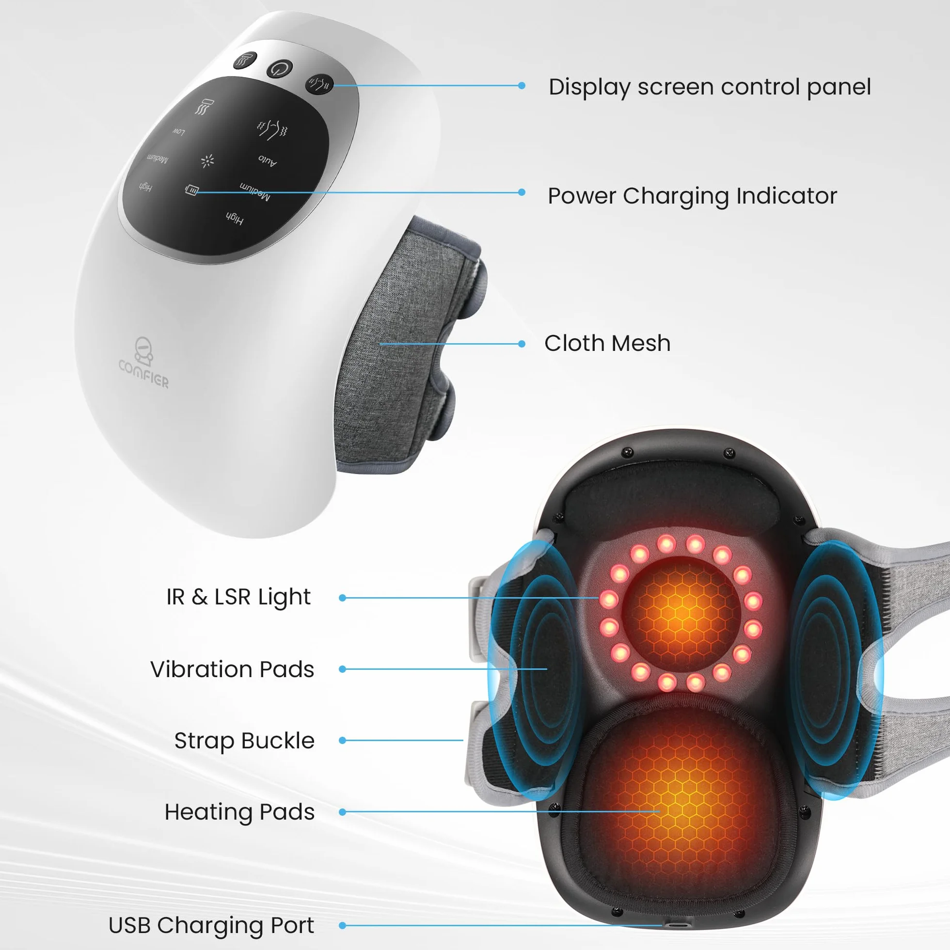 COMFIER Knie Massagegerät, kabelloses kniemassagegerät mit 3 einstellbaren Temperaturen, Rotlicht Knie Massagegerät mit LCD-Display, Wärme- und Vibrationsmassage