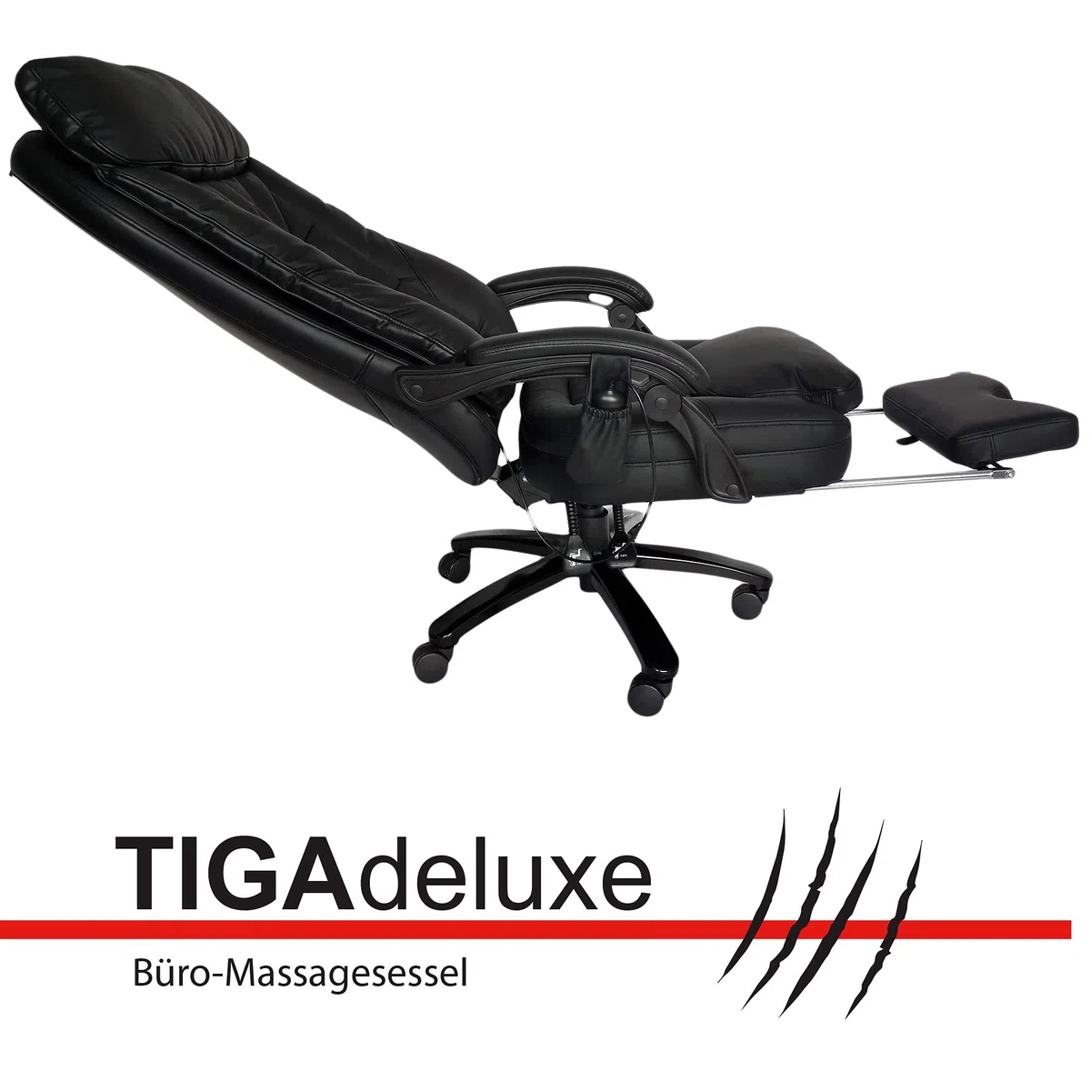 @tec Tiga Deluxe Chefsessel mit Massagefunktion und Wärme, Bürosessel mit kräftiger Shiatsu Massage, Bürostuhl gepolstert mit Rollen, Drehstuhl Kunstleder schwarz