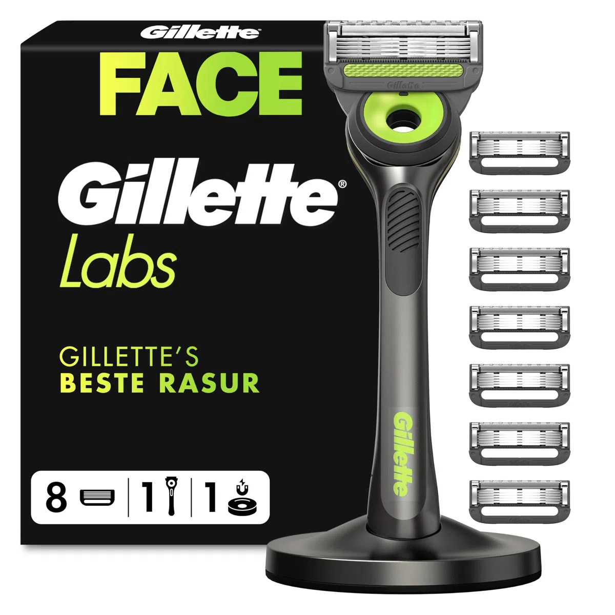 Gillette Labs Rasierer Herren, Nassrasierer, Metall, Schwarz - Herrenrasierer mit Reinigungselement für Eine Glatte Rasur, Inkl. 1 Handstück, 8 Rasierklingen Und Magnetischer Dock