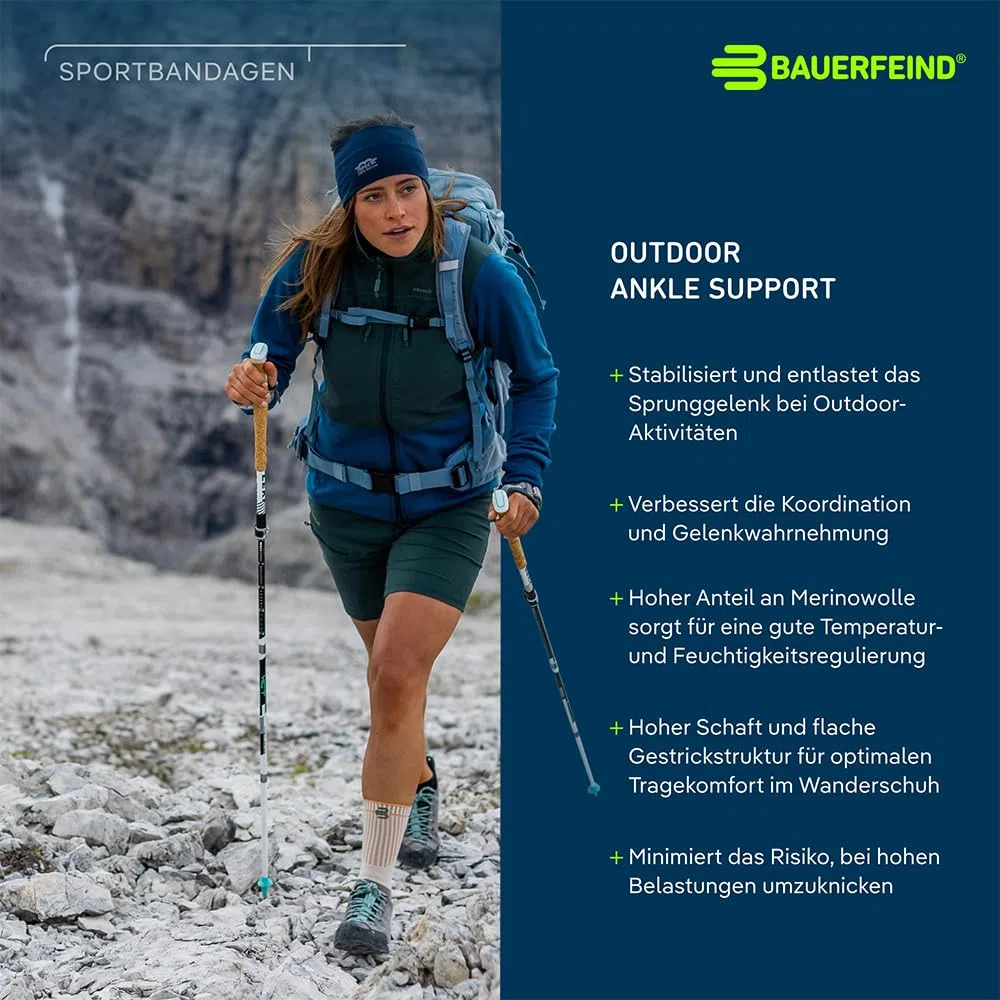 BAUERFEIND Sprunggelenkbandage zum Wandern „Outdoor Ankle Support“, 1 Unisex Knöchelbandage, Fussbandage, Rechts & Links tragbar, Merino Wolle, L