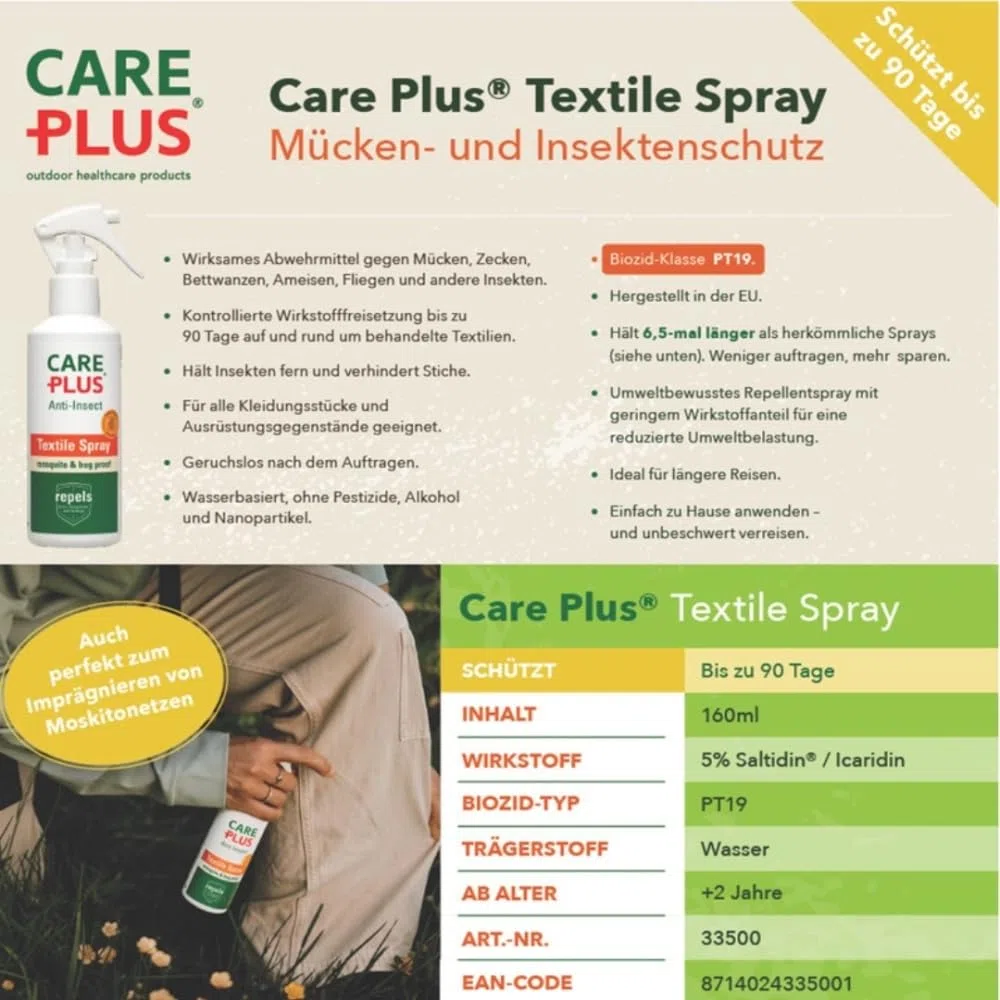 Care Plus DEET Mückenspray 50% + Textile Spray Set - Insektenschutz für Haut und Kleidung - langanhaltender Schutz gegen Insekten - Mückenschutz Kleidung und Haut Set für tropische Reisen und Outdoor