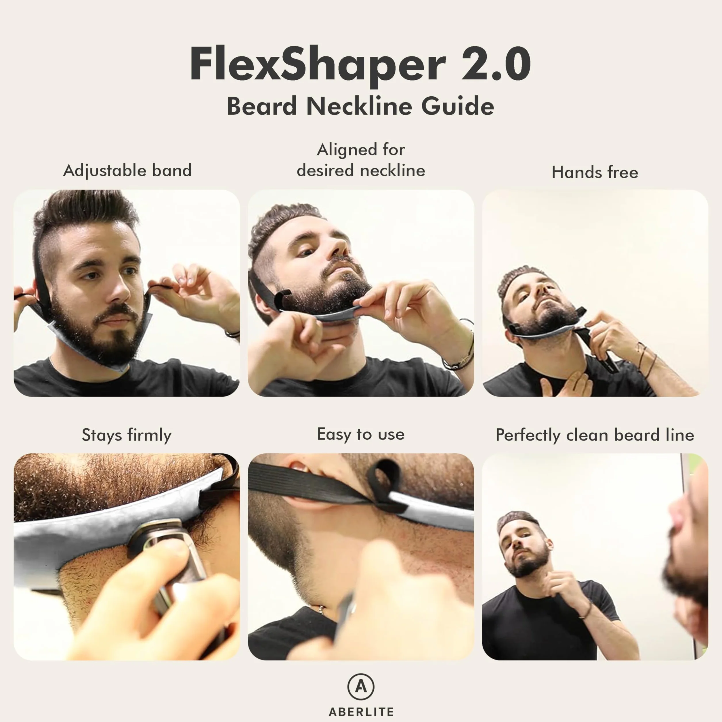 Aberlite FlexShaper 2.0 Bartformer für Herren, freihändige & flexible Halsausschnittführung, Bartschneider-Werkzeug, Line-up-Schablonen-Set, Weiß