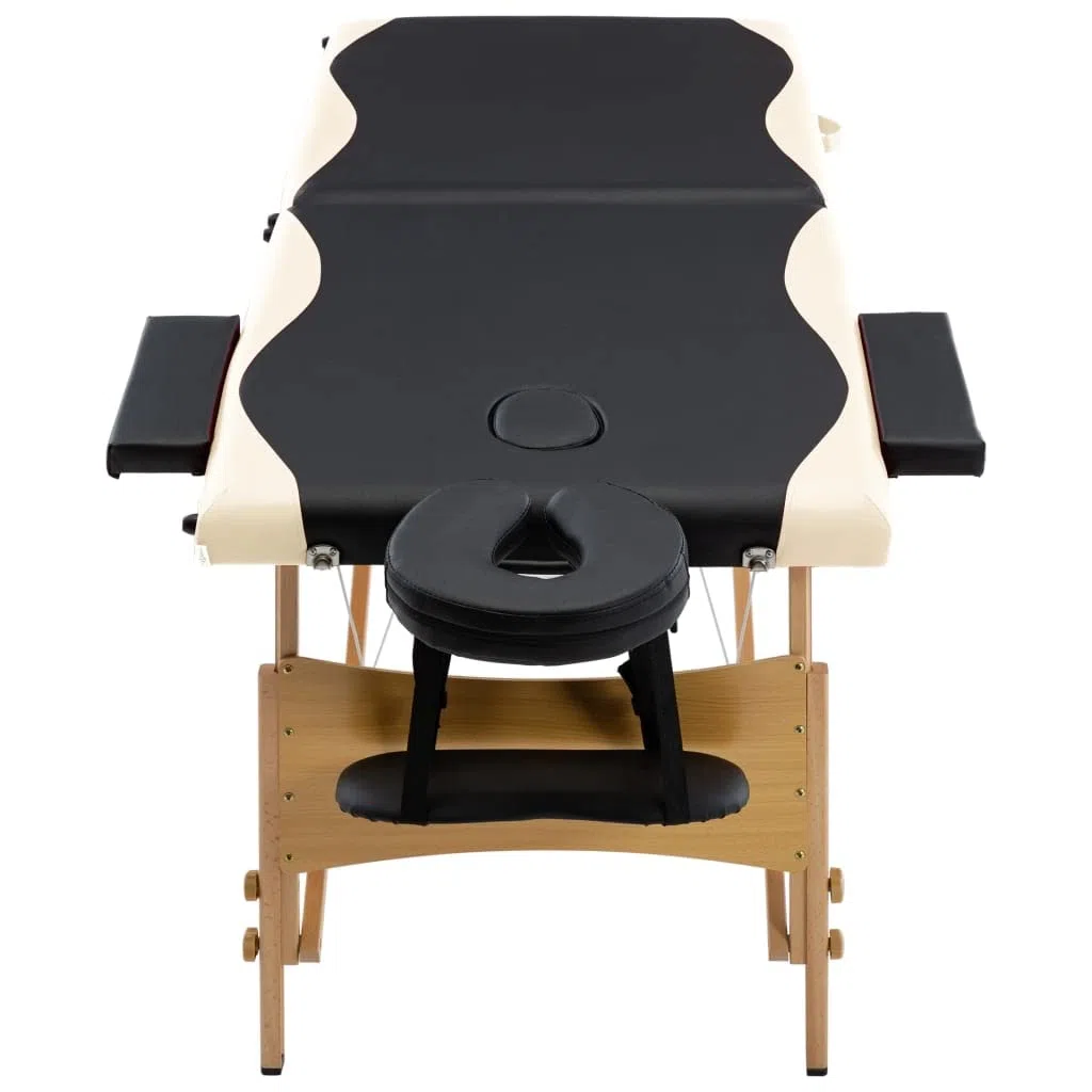 Massageliege Klappbar 2-Zonen, Mobiler Massagetisch mit Holzgestell, Höhenverstellbar, Tragbare Kosmetikliege mit Tragetasche, Schwarz Beige