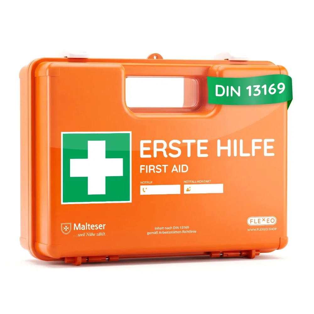 FLEXEO Erste Hilfe Koffer DIN 13169 | Inkl. Wandhalterung, Plombe, Stickern | Erste Hilfe Kasten/Verbandkasten für Betriebe, Unternehmen, Gewerbe, Baustellen