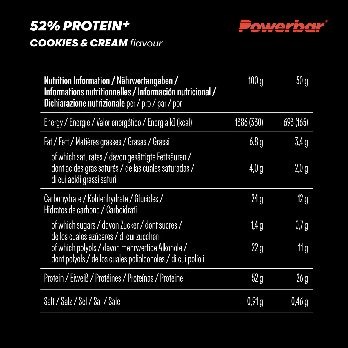Powerbar - 52% Protein Plus - Cookies&Cream - 20x50g - High Protein Low Sugar Riegel