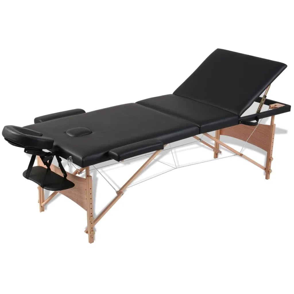 Massageliege klappbar 3-Zonen mit Holzgestell, Höhenverstellbare Mobile Kosmetikliege mit Tragetasche, Professionelle Massagebank für Wellness und Physiotherapie, 186x68cm Schwarz