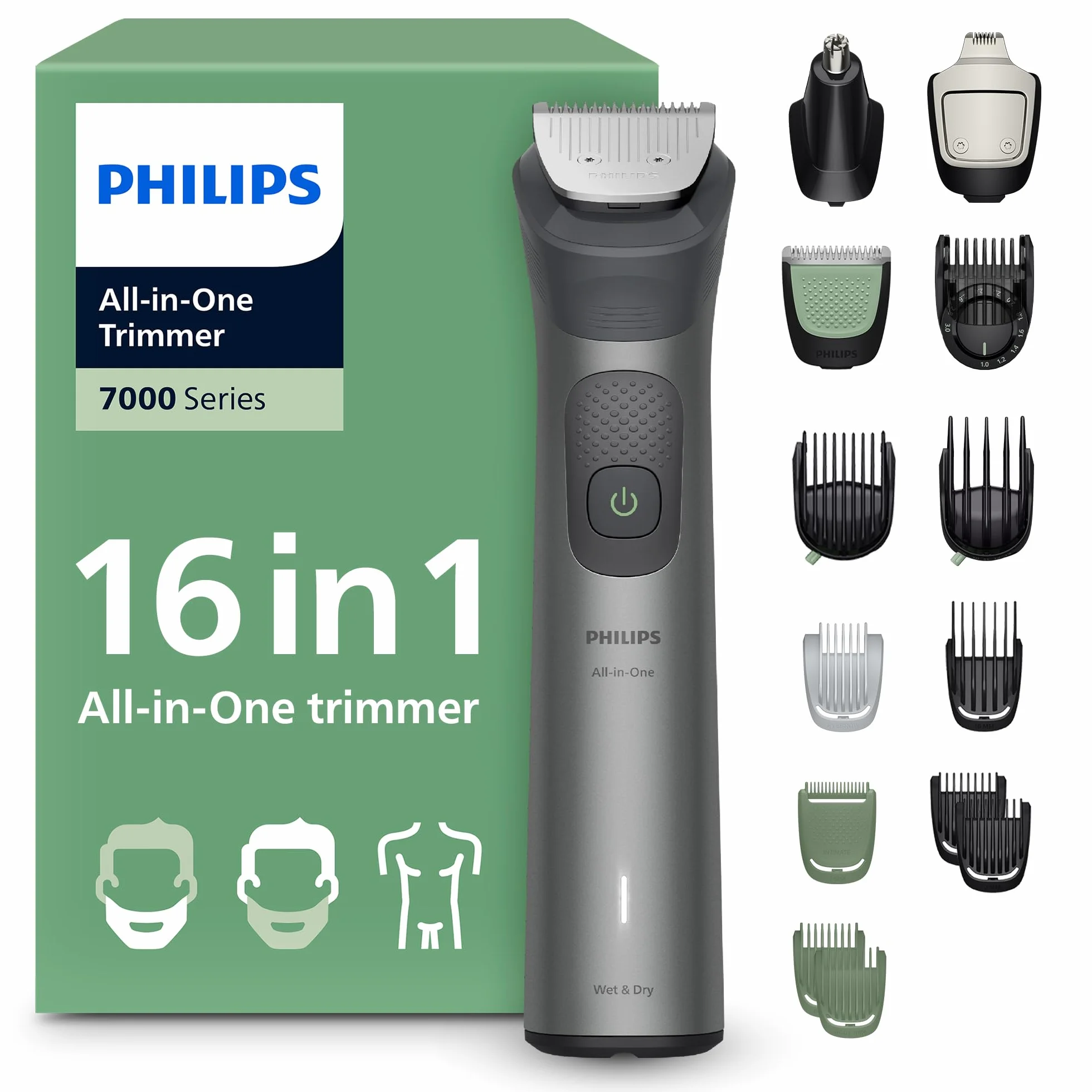 PHILIPS Multigroom Series 7000 All-in-One 16-teiliger Barttrimmer und Haarschneider für Gesicht, Kopf und Körper, selbstschärfende Metallklingen, 21 Längeneinstellungen (0,5-16 mm), Modell MG7931/15