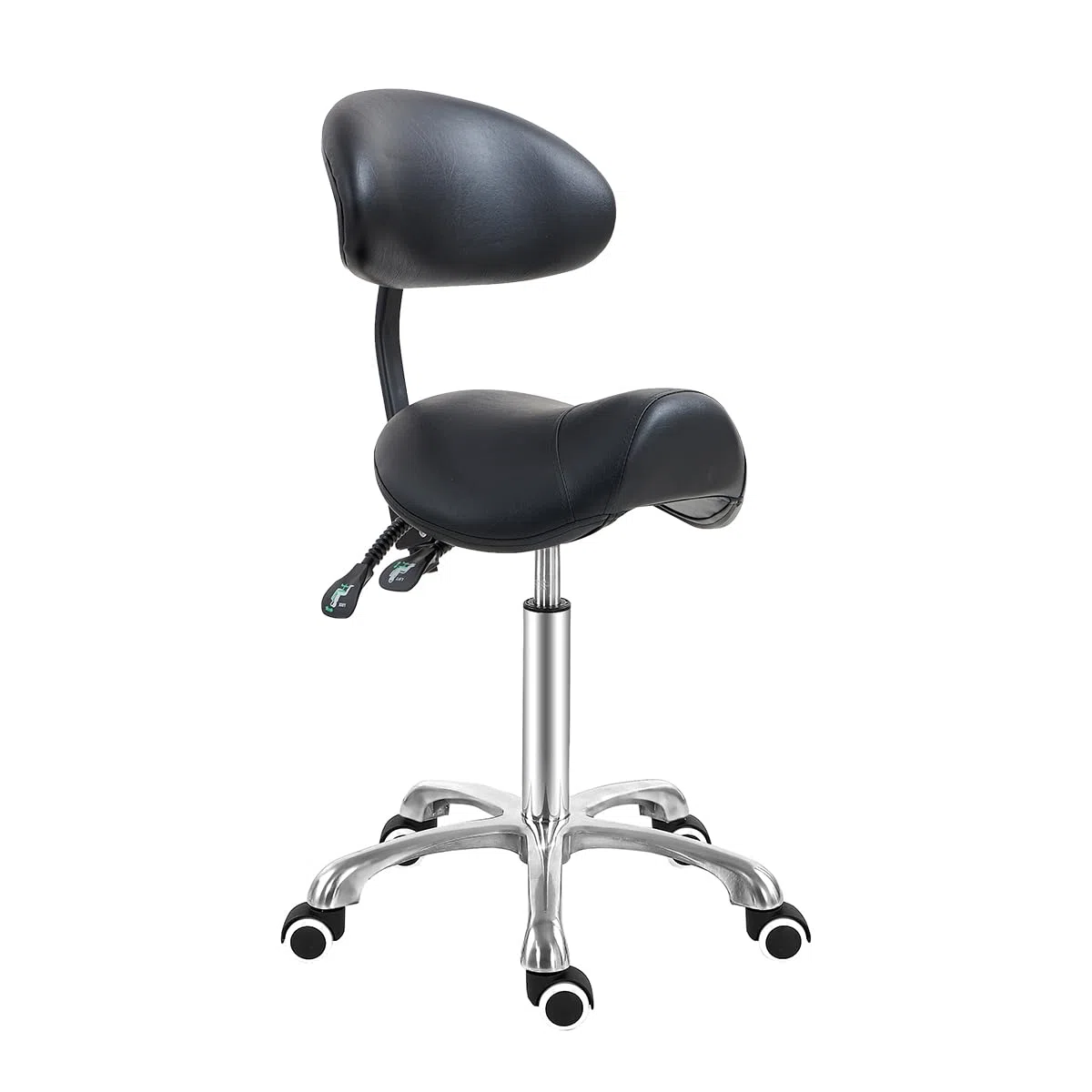 Antlu Sattelhocker mit Rückenstütze, ergonomischer Kosmetikhocker für Friseur Tattoo Spa Medizin Zahnarztpraxis (mit justierbarer Rückenlehne, Schwarz)