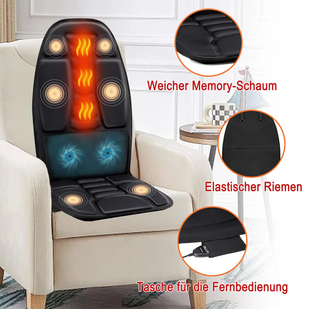 Rückenmassagekissen, Tiefengewebe-Vibrations-Sitzmassagekissen, 2 Stufen Kühl- oder Wärme-Rückenmassage zur Linderung von Muskelermüdung und Stress