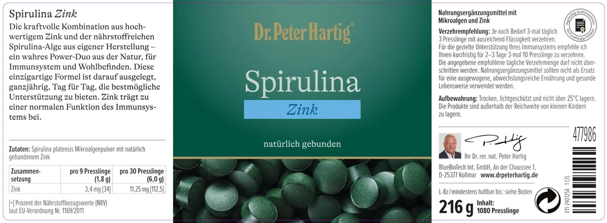 Dr. Peter Hartig Spirulina Zink 1080 Presslinge 4-Monats-Vorrat Vegan Laborgeprüft
