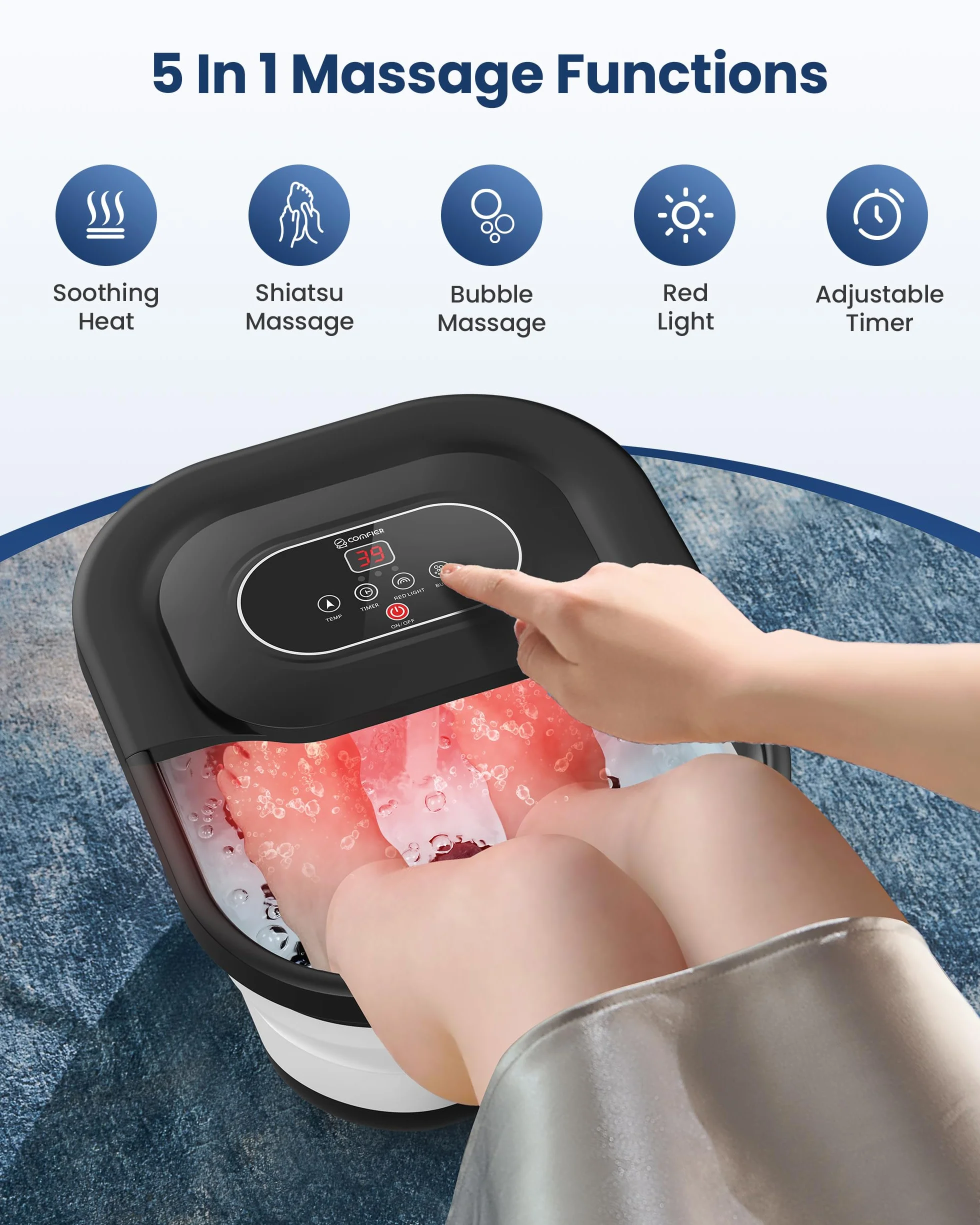 COMFIER Fußbad Massagegerät mit Heizung,Faltbare Elektrische Fussbad,Fußbadewanne mit Wärme und Blasen,35℃-48℃ Temperaturregelung,Massage-Rollen,Bimsstein, Vibration,Timer,Geschenke für Frauen Männer