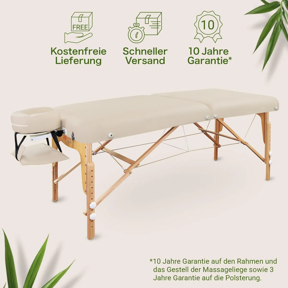 Zen – Mobile Round Corner Massageliege klappbar & höhenverstellbar – Vollholz Massagetisch mit abgerundeten Ecken für aktive Massagestile – Massagebank mit Kopfteil, Armlehnen & Tasche (Creme)