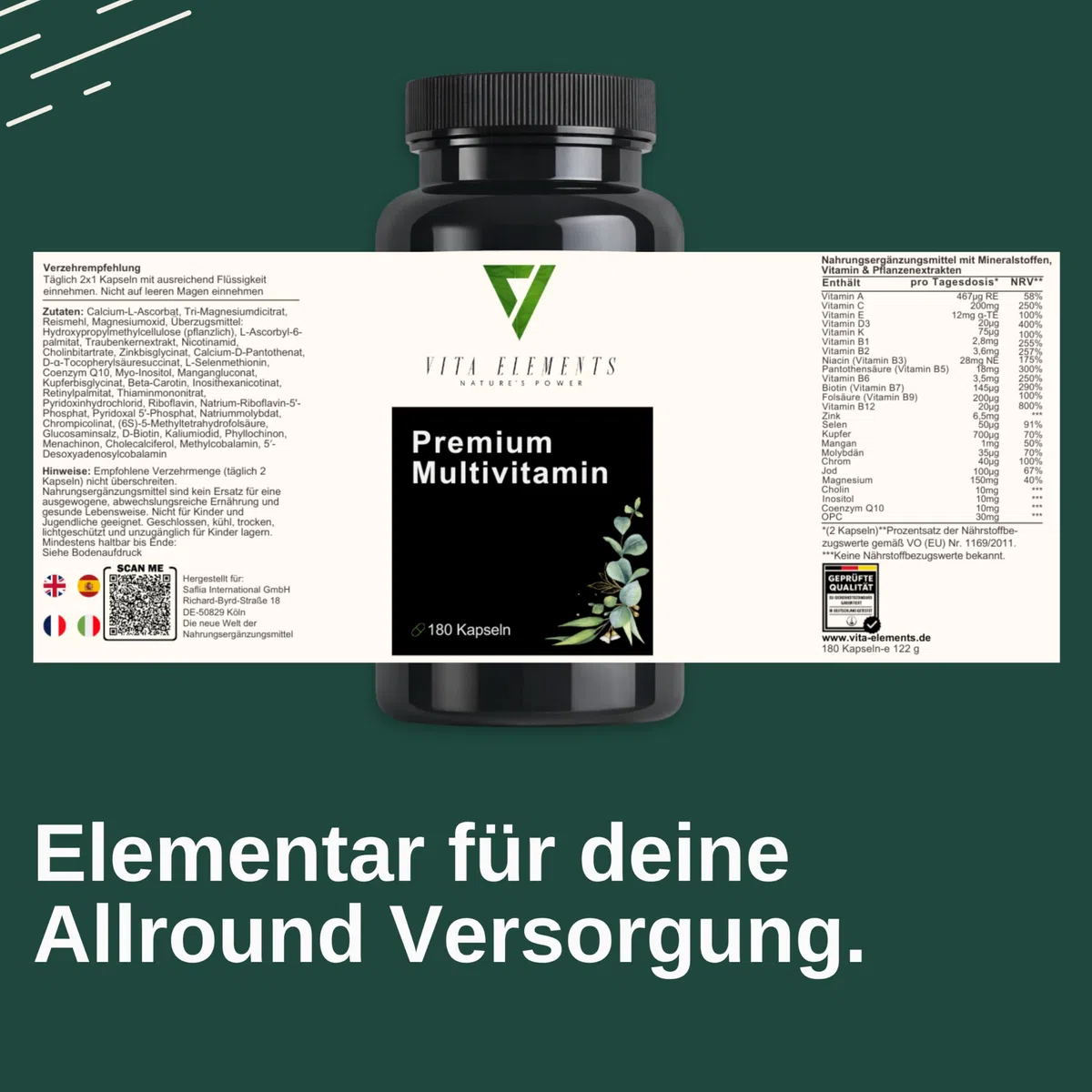Vita Elements Multivitamin Komplex - 180 Kapseln - 21 Vitalstoffe von A-Z - 3 Monate Vorrat - Bioaktiv-Formen - Ohne Zusätze - Hochdosiert - Laborgeprüfte Qualität