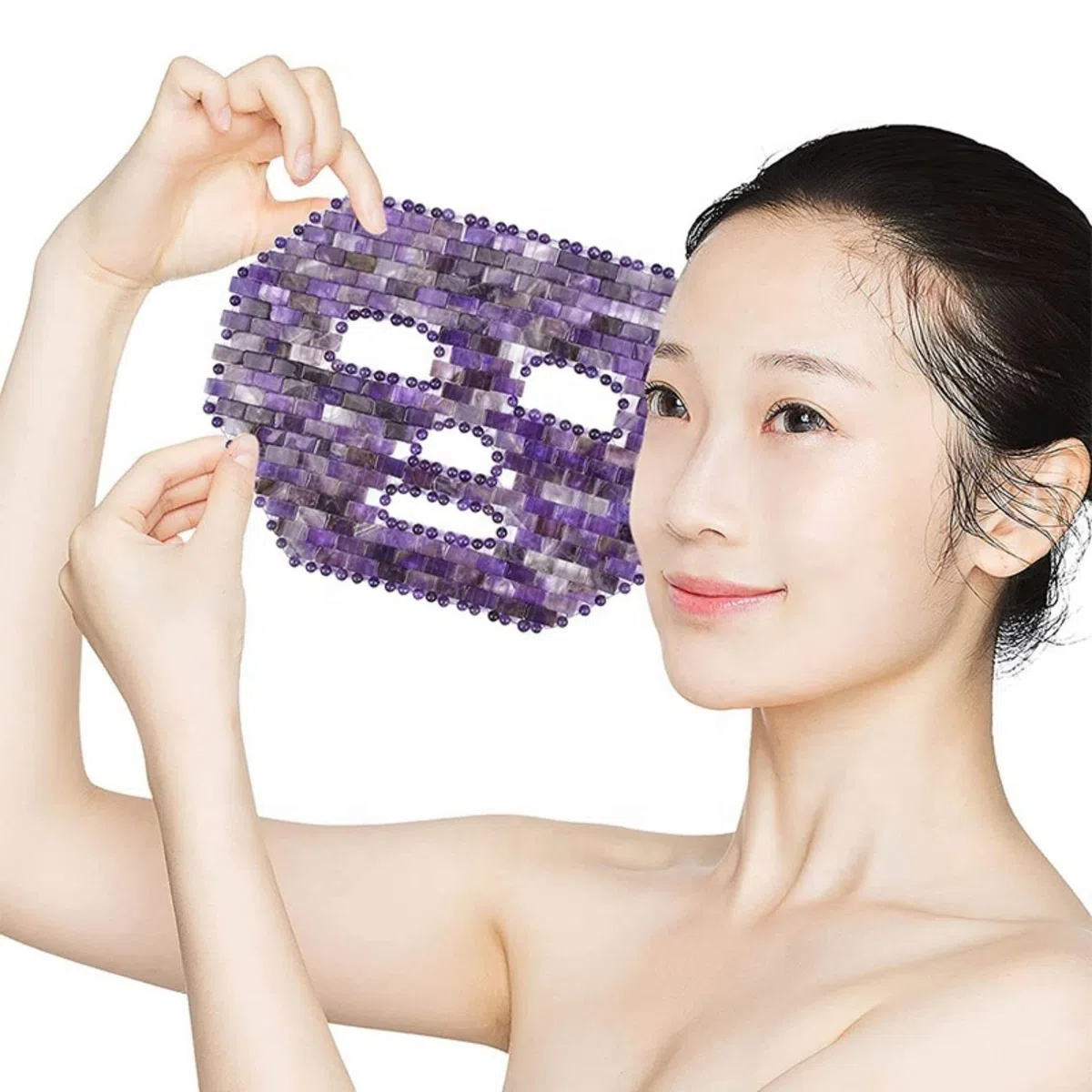 Rosenquarz-maske Amethyst gesichtsmaske mit Jade blume roller Gua Sha-set für Spa-hautpflege-werkzeug Kältetherapie Schönheitswerkzeug Zur Linderung von Gesichts ( Color : Purple , Size : 1 PCS )