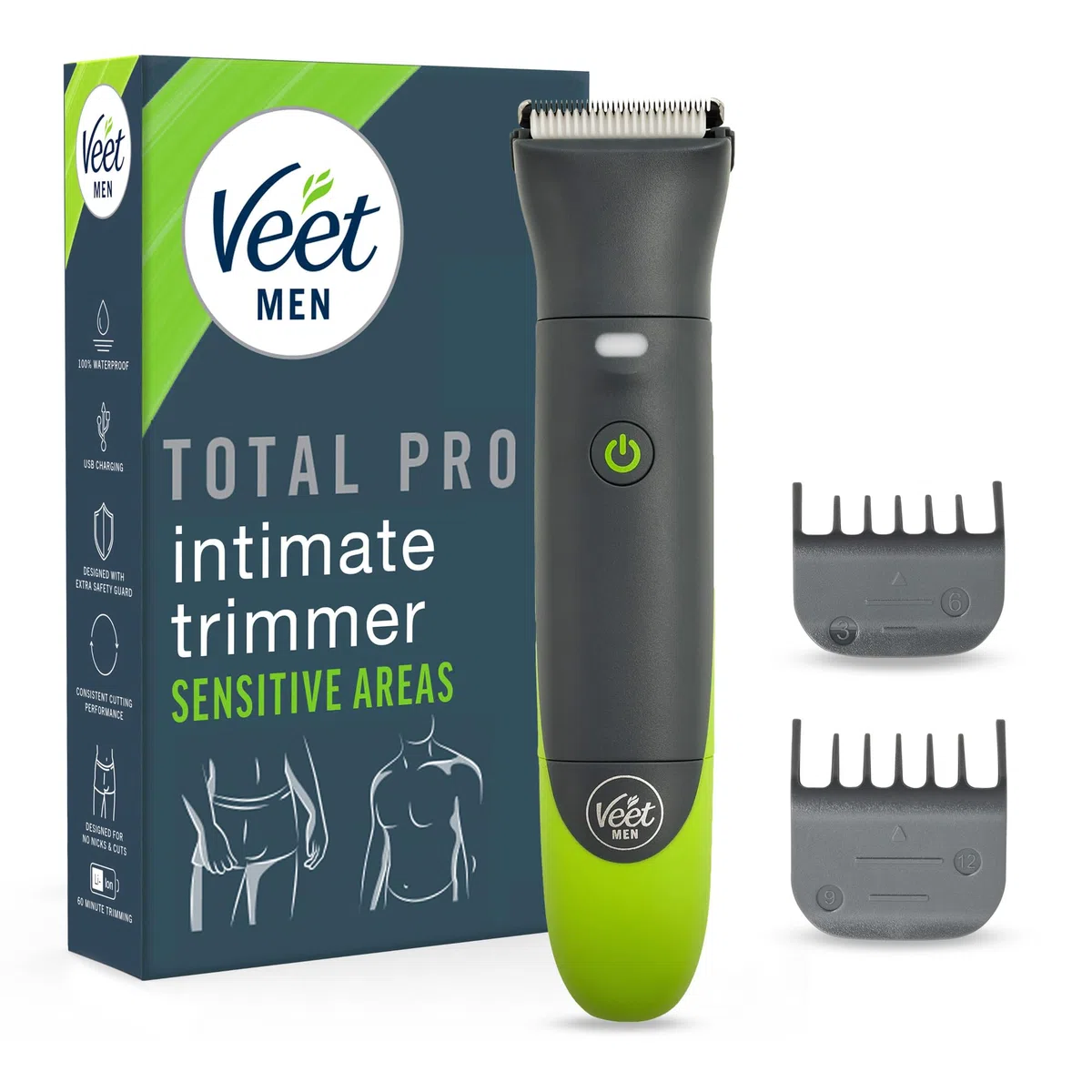 Veet Men Intimate Trimmer - Intimrasierer für Männer - Intim- und Körperrasierer für Intimbereich, Gesicht, Achseln & Oberkörper - Wasserfester Herren Haartrimmer & Rasierer, Packaging May Vary