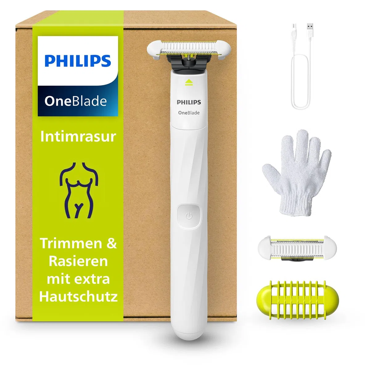 Philips OneBlade Intimate, Intimrasur, Trimmen & Rasieren mit extra Hautschutz, Für eine gründliche und angenehme Rasur – ohne komplett glatt zu rasieren, Modell QP1924/28
