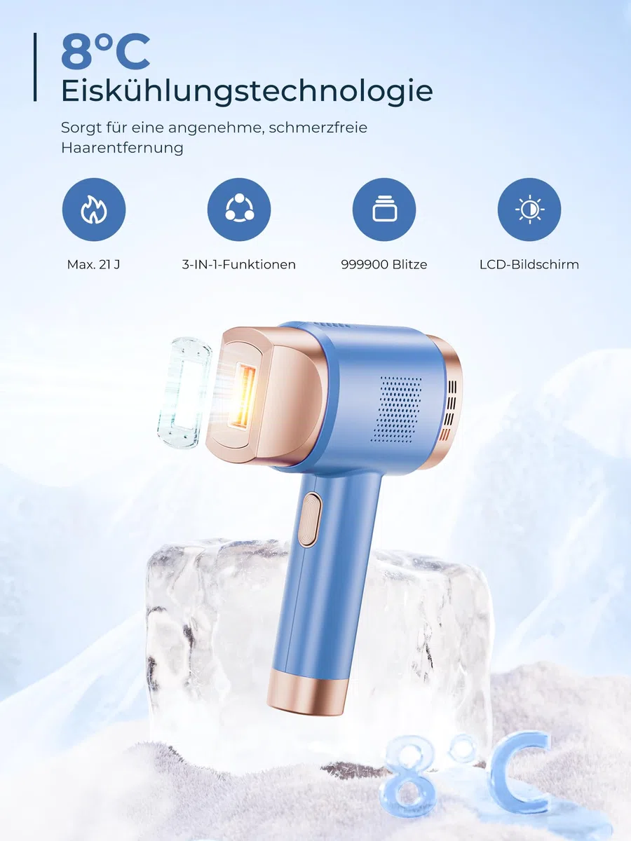 Geräte Haarentfernung mit 8℃ Kühlsystem, Schmerzfreie Haarentfernung Zuhause, 9 Energiestufen 21J für Damen Herren, Gesich Achseln Bikini Beine Körper, Hellblau