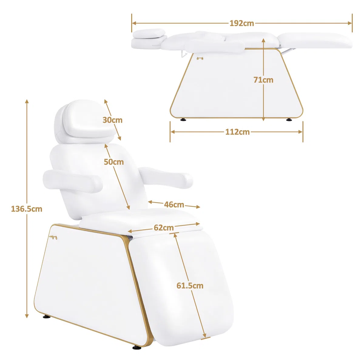 Barberpub Kosmetikliege Elektrisch mit 2 Motoren, Kopfstütze 16 cm ausziehbar, 180° Drehbare Armlehnen, Massageliege 80cm breit, Tattoo Liege für SPA Salon 0739 (Weiß/Kunstleder)