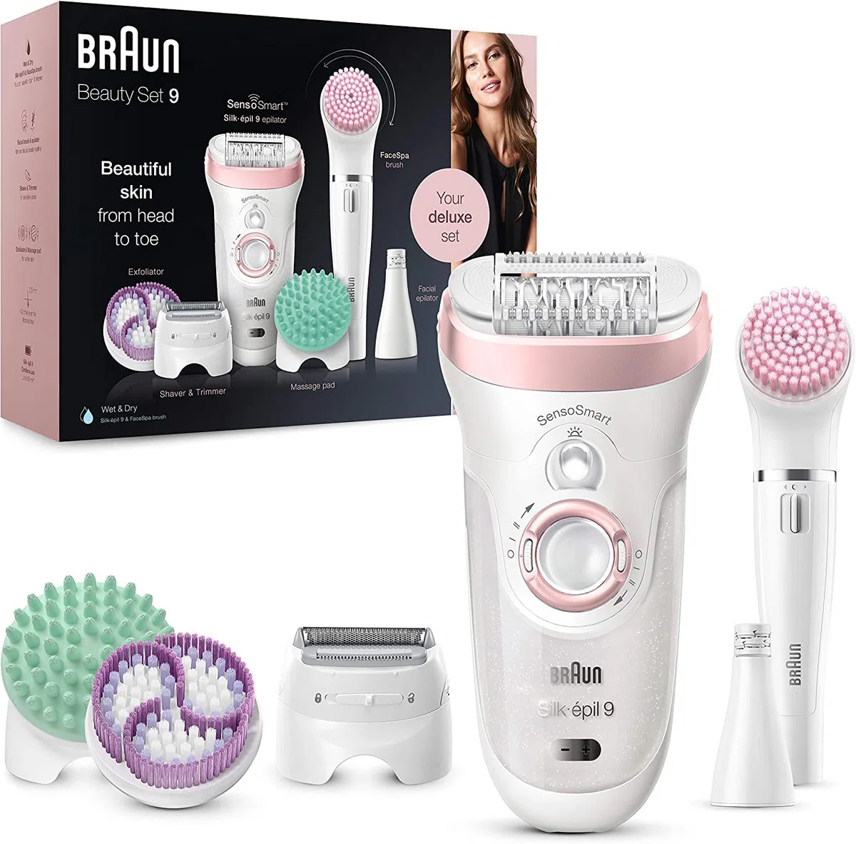 Braun Silk-epil Beauty Set 9 9-985 Luxus-Epilierer für Damen, kabellos, Wet&Dry: Kit zur Haarentfernung, Rasur, Peeling und Reinigung des Körpers/Gesichts
