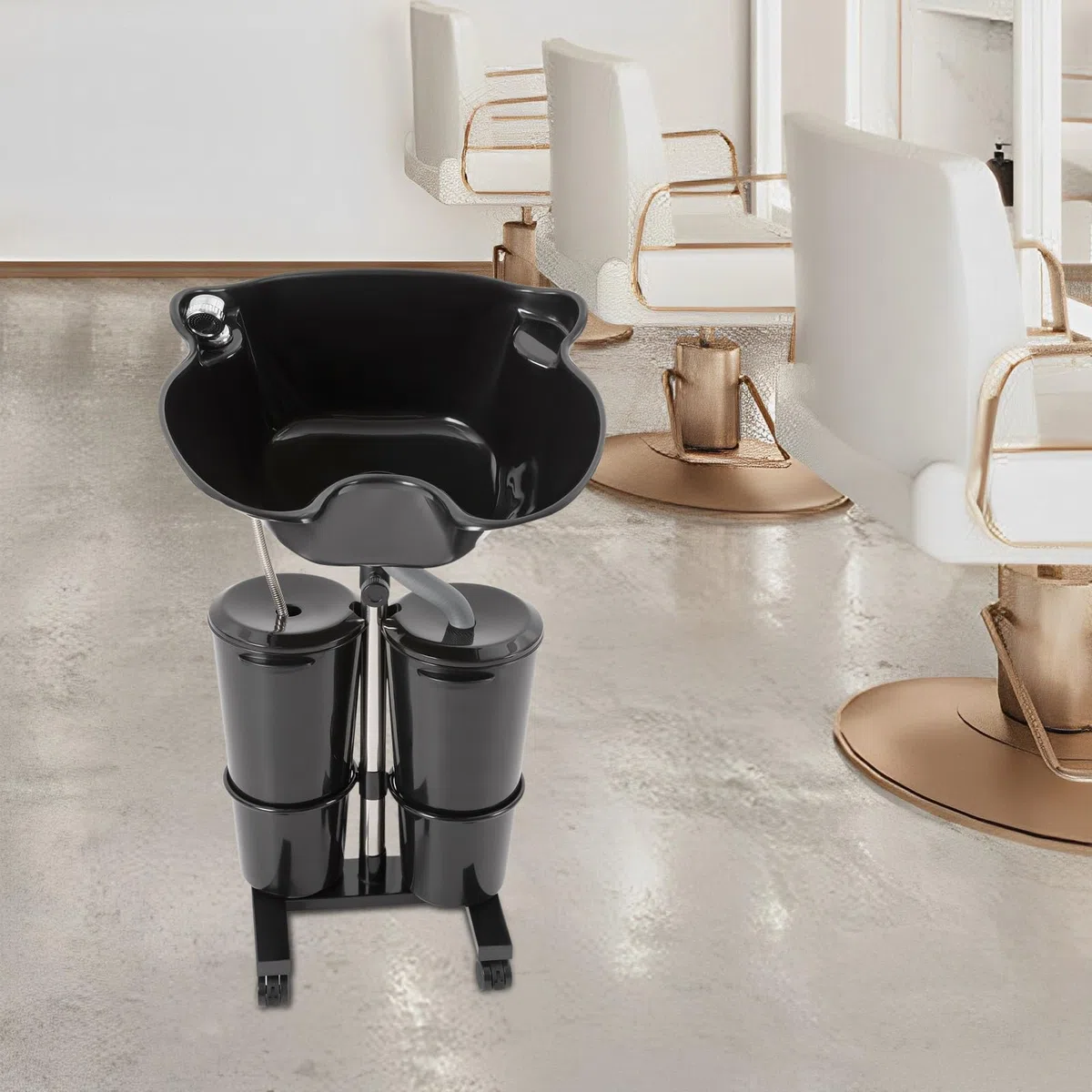 MINRS Haarwaschbecken für Bettlägerige Tragbares Shampoo Becken Double Bucket Design mit Räder und Abflussrohr Einstellbar Höhe und Winkel für Bettlägerige, Behinderte, Ältere, Salon (Schwarz)
