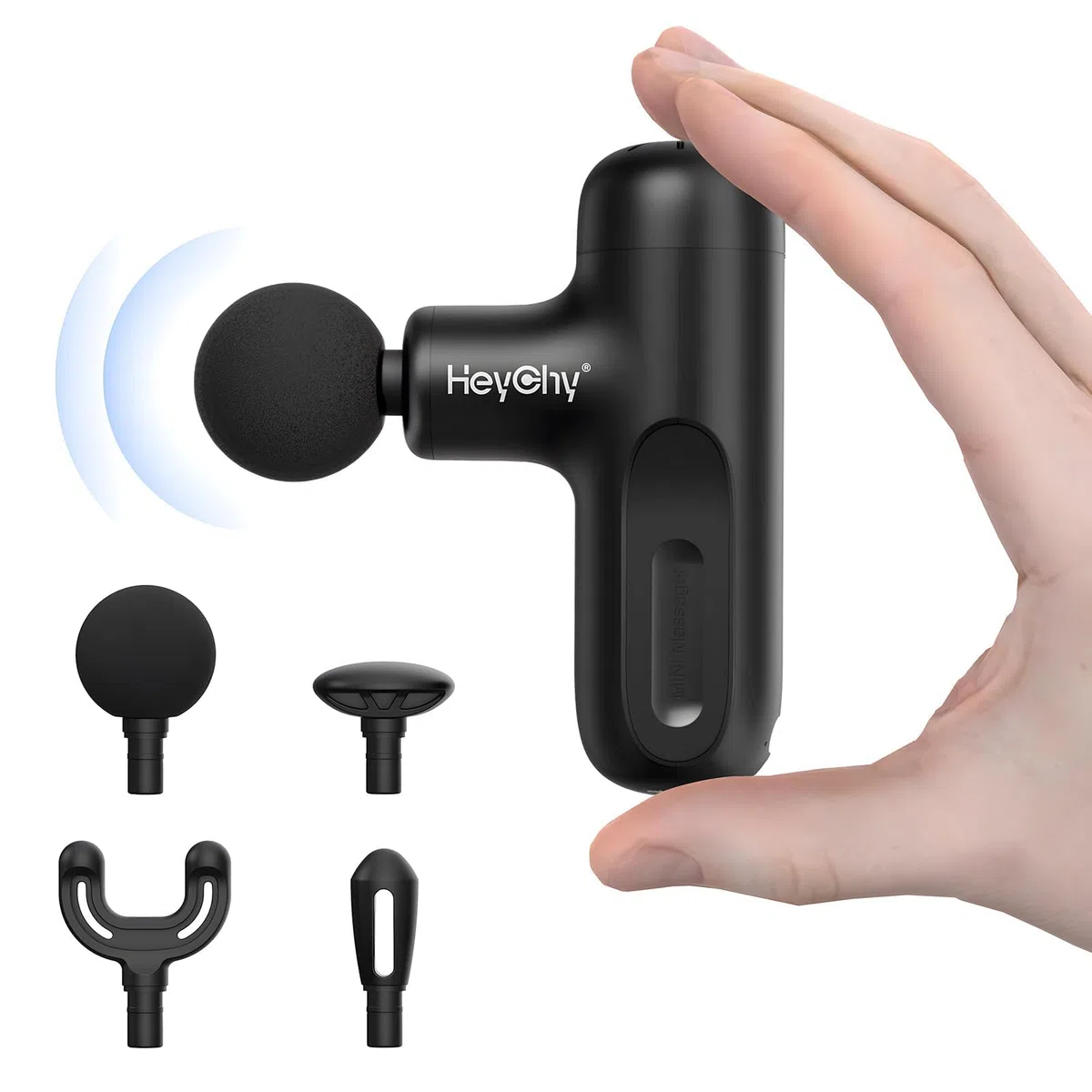HEYCHY Mini Massagepistole, Elektrisches Faszienmassagegerät mit 4 Aufsätzen und 5 Stufen zur Muskelentspannung, Für Nacken, Rücken, Schultern, Bein, Geschenk für Männer Frauen (Schwarz)
