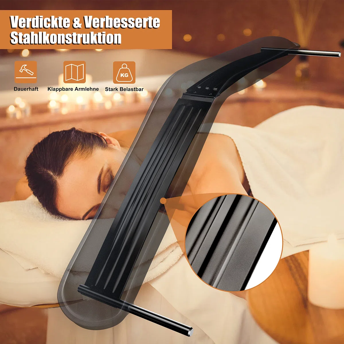 KEEPREAPER Massageliege Kosmetikliege klappbar & höhenverstellbar 3 Zonen mit Kosmetikhocker 78cm Breit Massagebett aus PU-Leder belastbar bis 270kg, Schwarz