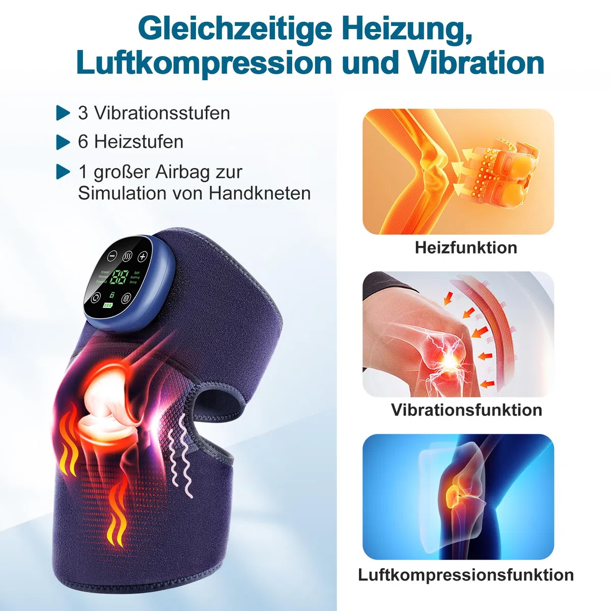 Kabelloses Knie Massagegerät mit Wärme & Luftdruck, Elektrischer Kniemassageier mit 6 Heizstufen 9 Modi zur Linderung von Knieschmerzen, Arthrose Sportverletzungen, für Knie Ellenbogen