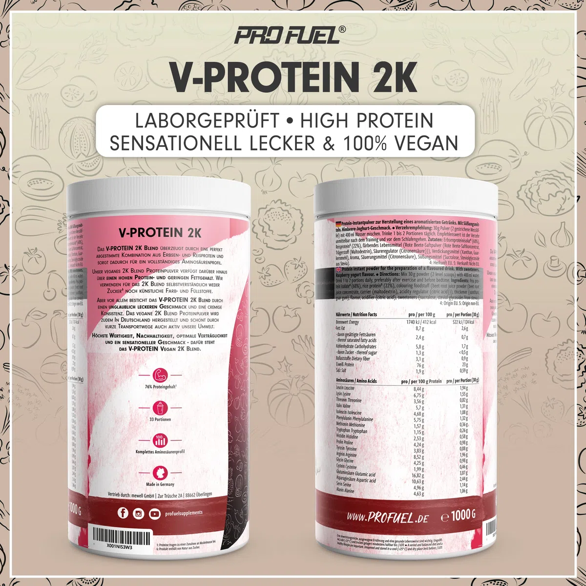 Veganes Proteinpulver Himbeere-Joghurt 1kg - unglaublich lecker & cremig - Vegan Protein 2K Blend ohne Soja - mit hochwertigem Reisprotein + Erbsenprotein - pflanzliches Eiweißpulver mit 76% Protein