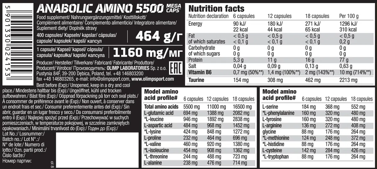 OLIMP - Anabolic Amino 5500 Mega Caps (400 capsules) .High-quality dietary supplement with a large amount of the most important amino acids and proteins