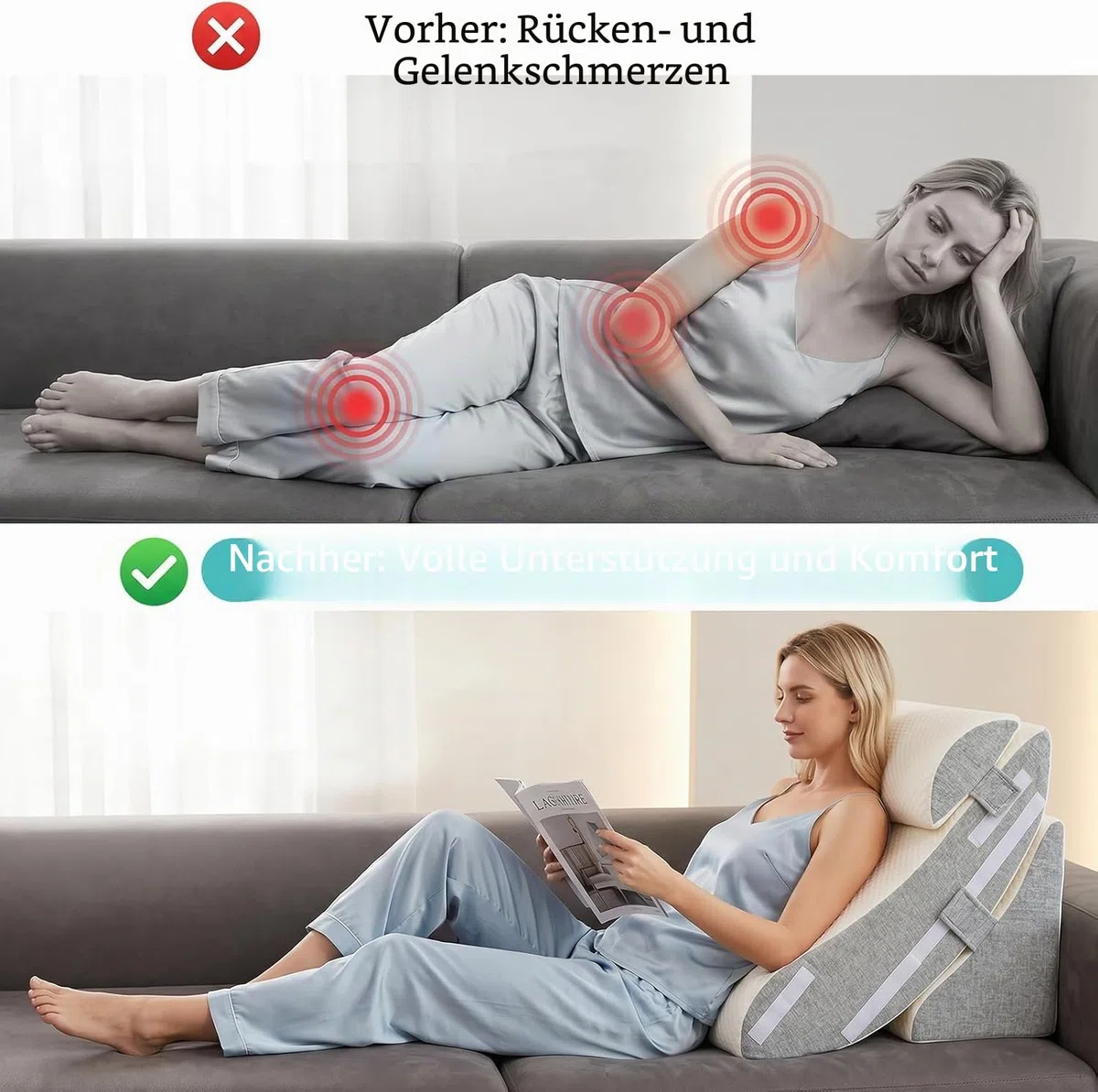 Bettkeilkissen-Set, 3-teilig, verstellbar, Schaumstoff für die Erholung nach Operationen, zur Linderung von Säurereflux und Rückenschmerzen, ergonomisches Neigungskissen zum Sitzen im Bett