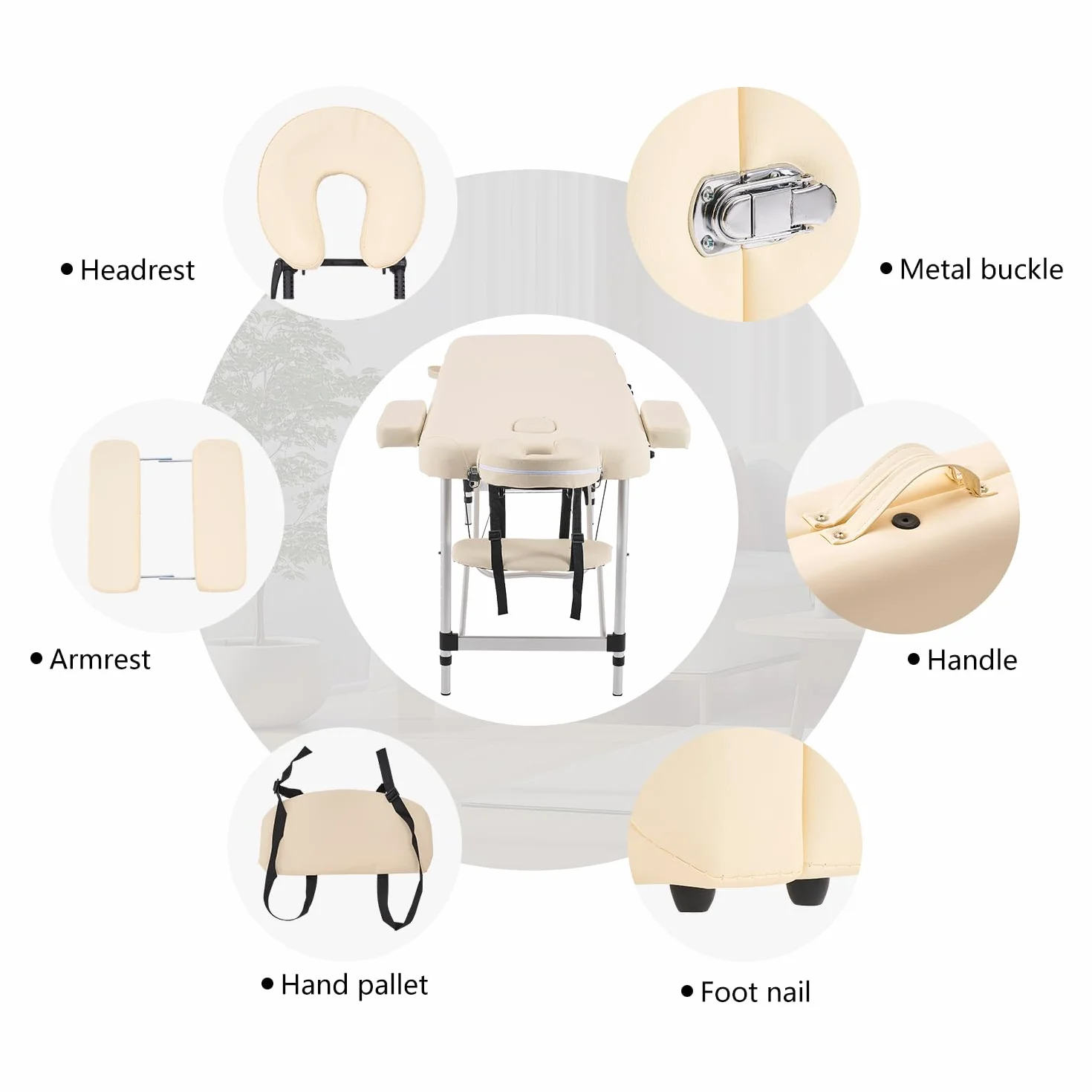 YOUNIKE Massageliege Mobile Klappbar 3 Zonen Höhenverstellbare Massagebank Aluminium mit Kopfstütze & Armlehnen und Tragtasche Massagetisch für Kosmetik Spa Salon Tattoo (Creme)