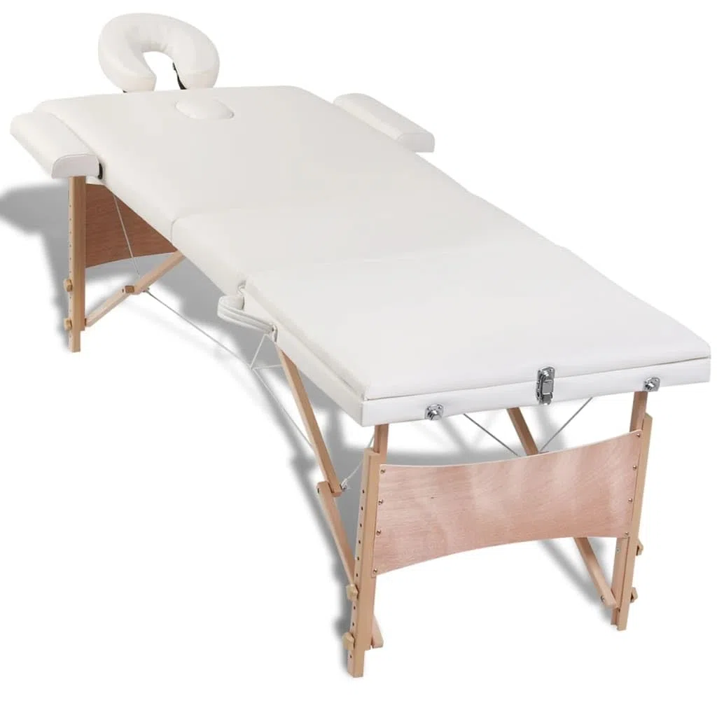 Massageliege Klappbar 3-Zonen mit Holzgestell Cremeweiß, Massagetisch, Therapieliege, Behandlungsliege, Praxisliege, kosmetikliege, tragbar, höhenverstellbar, für Wellness Spa Studio Salon