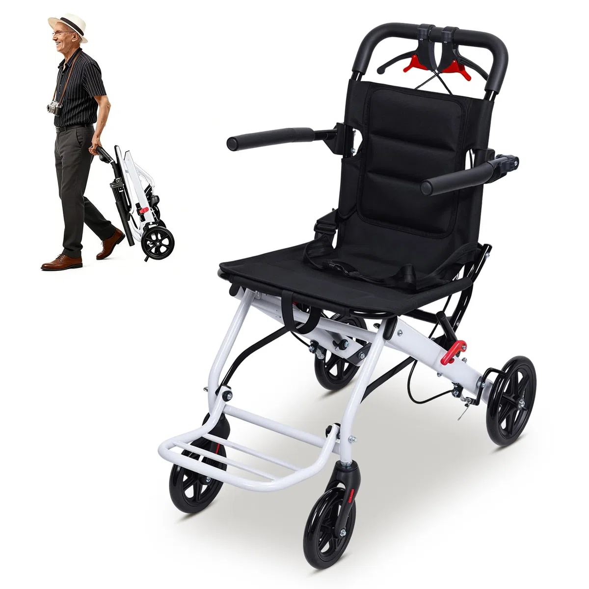 Rollstuhl, faltbar, ultraleicht, aus Karbonstahl, Transportrollstuhl, 8,2 kg, Lenker drehbar um 280 °, Rollen aus PU 360 °, kompakt für Reisen, für ältere und behinderte Menschen