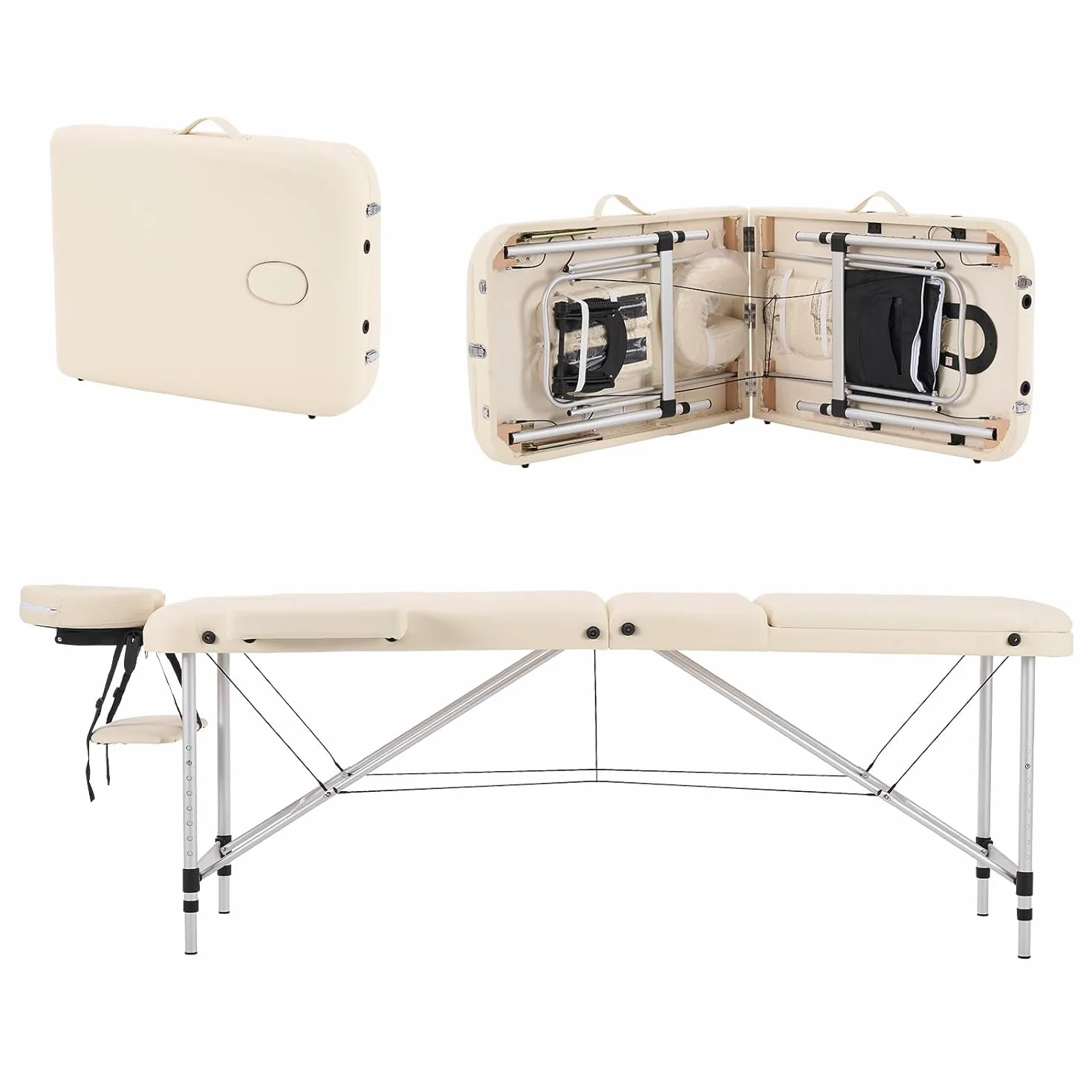YOUNIKE Massageliege Mobile Klappbar 3 Zonen Höhenverstellbare Massagebank Aluminium mit Kopfstütze & Armlehnen und Tragtasche Massagetisch für Kosmetik Spa Salon Tattoo (Creme)