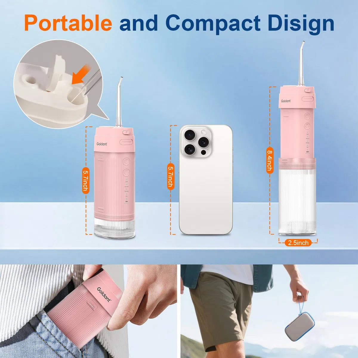 Water Flosser Tragbare Elektrische Kabellose Zahndusche mit 16 Drücken & Reiseetui, Kompaktes Mini-Design für Unterwegs, IPX7 Wasserdichte Flosser für Zahnreinigung und Zahnseide (Rosa)